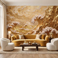 Great Wave Inspired Peel and Stick Wall Mural, Golden Ocean Waves Coastal Cliffs Luxury Seascape Wallpaper