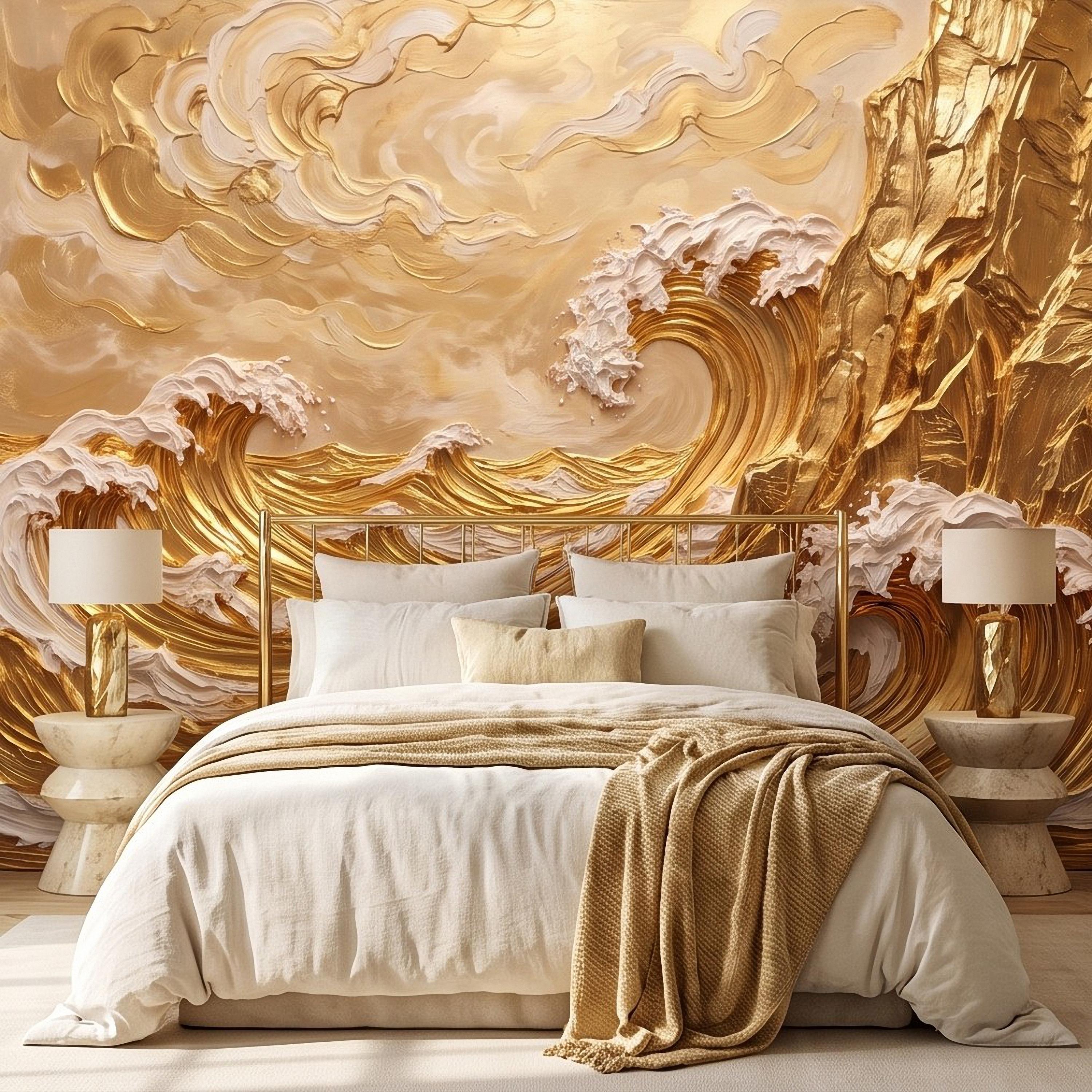 Great Wave Inspired Peel and Stick Wall Mural, Golden Ocean Waves Coastal Cliffs Luxury Seascape Wallpaper