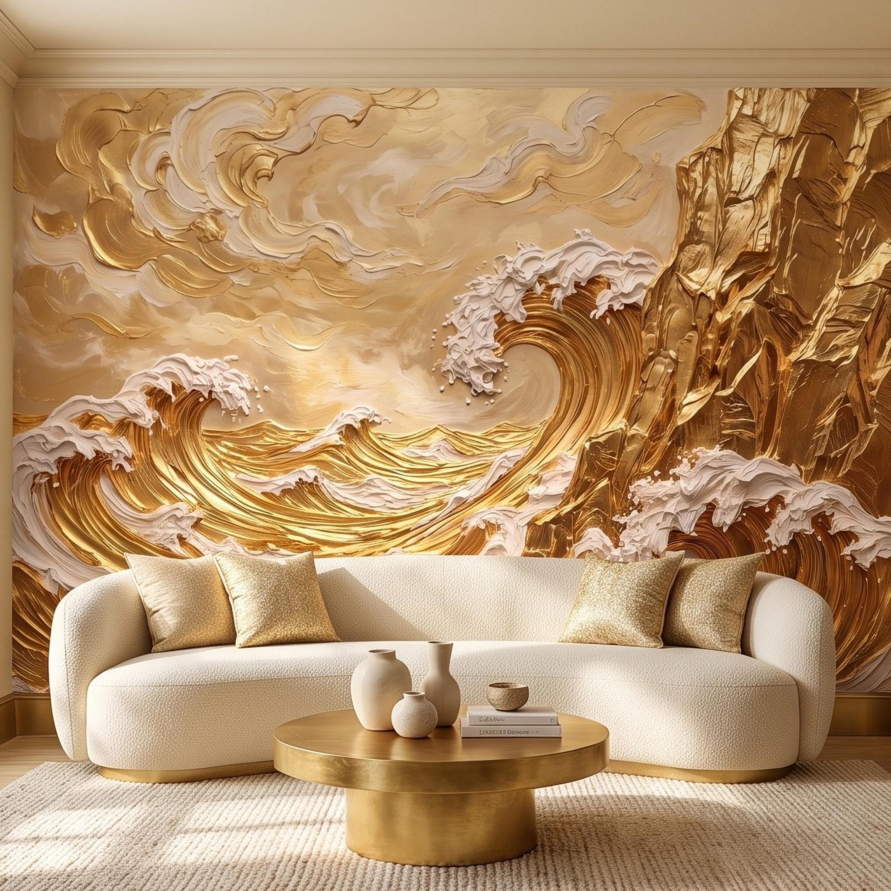Great Wave Inspired Peel and Stick Wall Mural, Golden Ocean Waves Coastal Cliffs Luxury Seascape Wallpaper