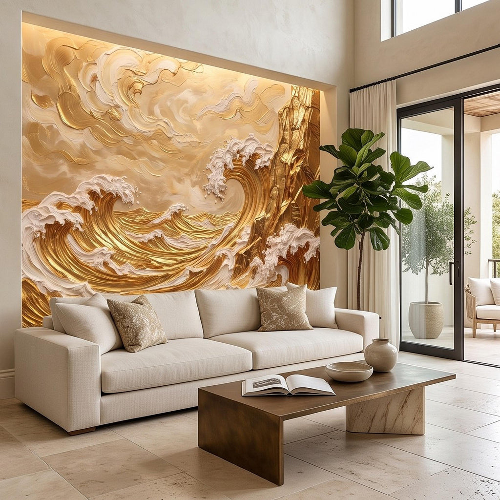 Great Wave Inspired Peel and Stick Wall Mural, Golden Ocean Waves Coastal Cliffs Luxury Seascape Wallpaper