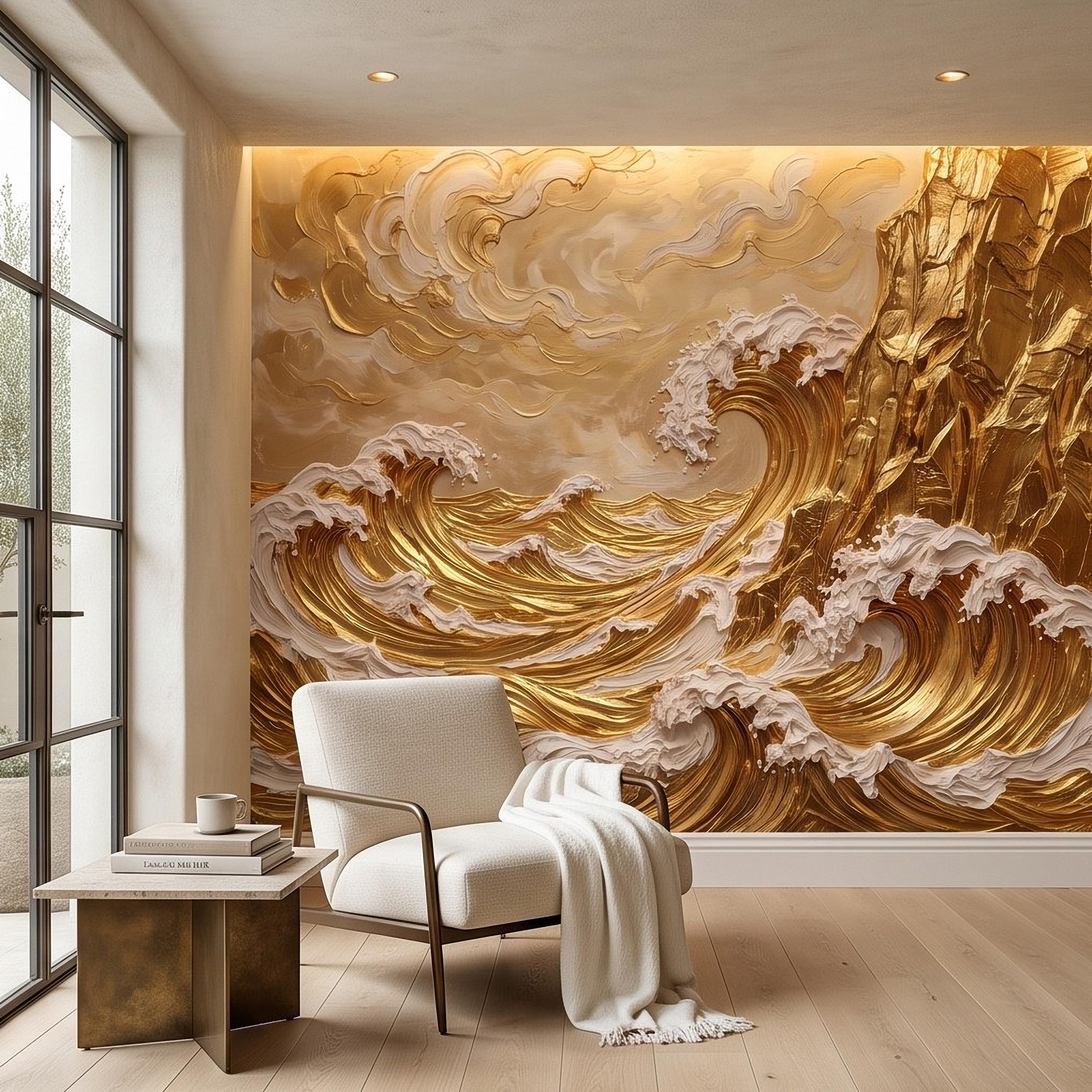 Great Wave Inspired Peel and Stick Wall Mural, Golden Ocean Waves Coastal Cliffs Luxury Seascape Wallpaper