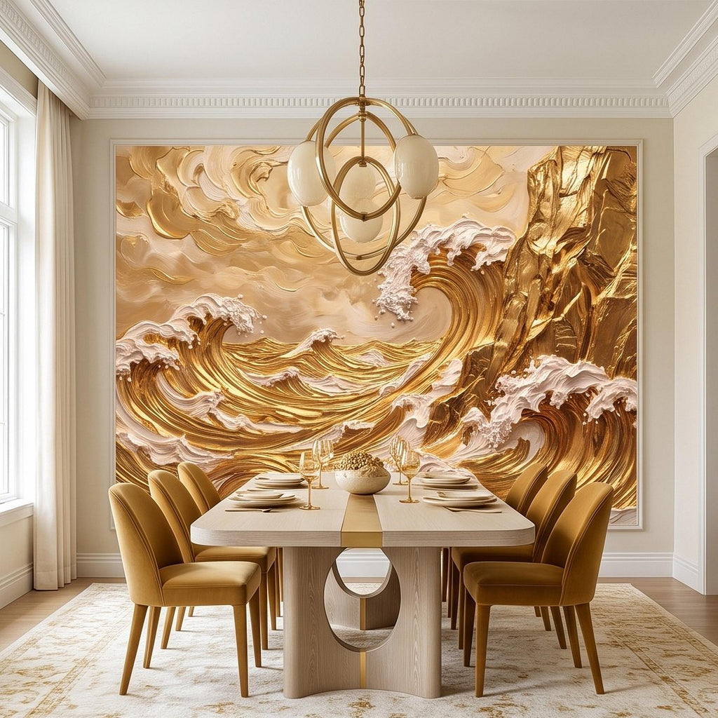 Great Wave Inspired Peel and Stick Wall Mural, Golden Ocean Waves Coastal Cliffs Luxury Seascape Wallpaper
