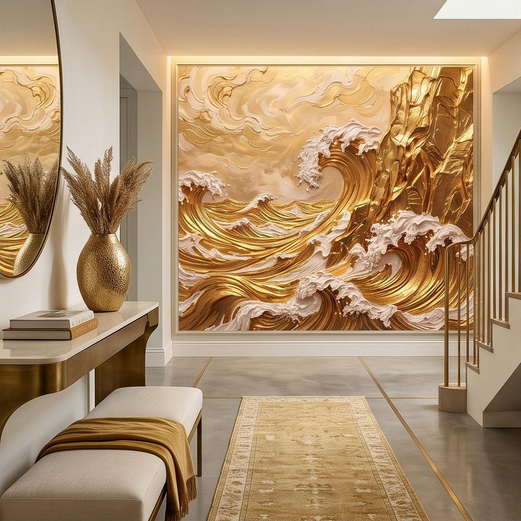 Great Wave Inspired Peel and Stick Wall Mural, Golden Ocean Waves Coastal Cliffs Luxury Seascape Wallpaper