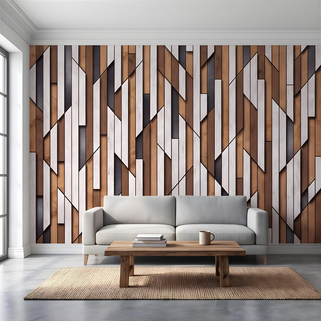 3D Geometric Wood Panel Peel and Stick Wall Mural, Modern Slatted Timber Pattern, Layered Wooden Planks, Architectural Texture Wallpaper