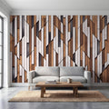 3D Geometric Wood Panel Peel and Stick Wall Mural, Modern Slatted Timber Pattern, Layered Wooden Planks, Architectural Texture Wallpaper