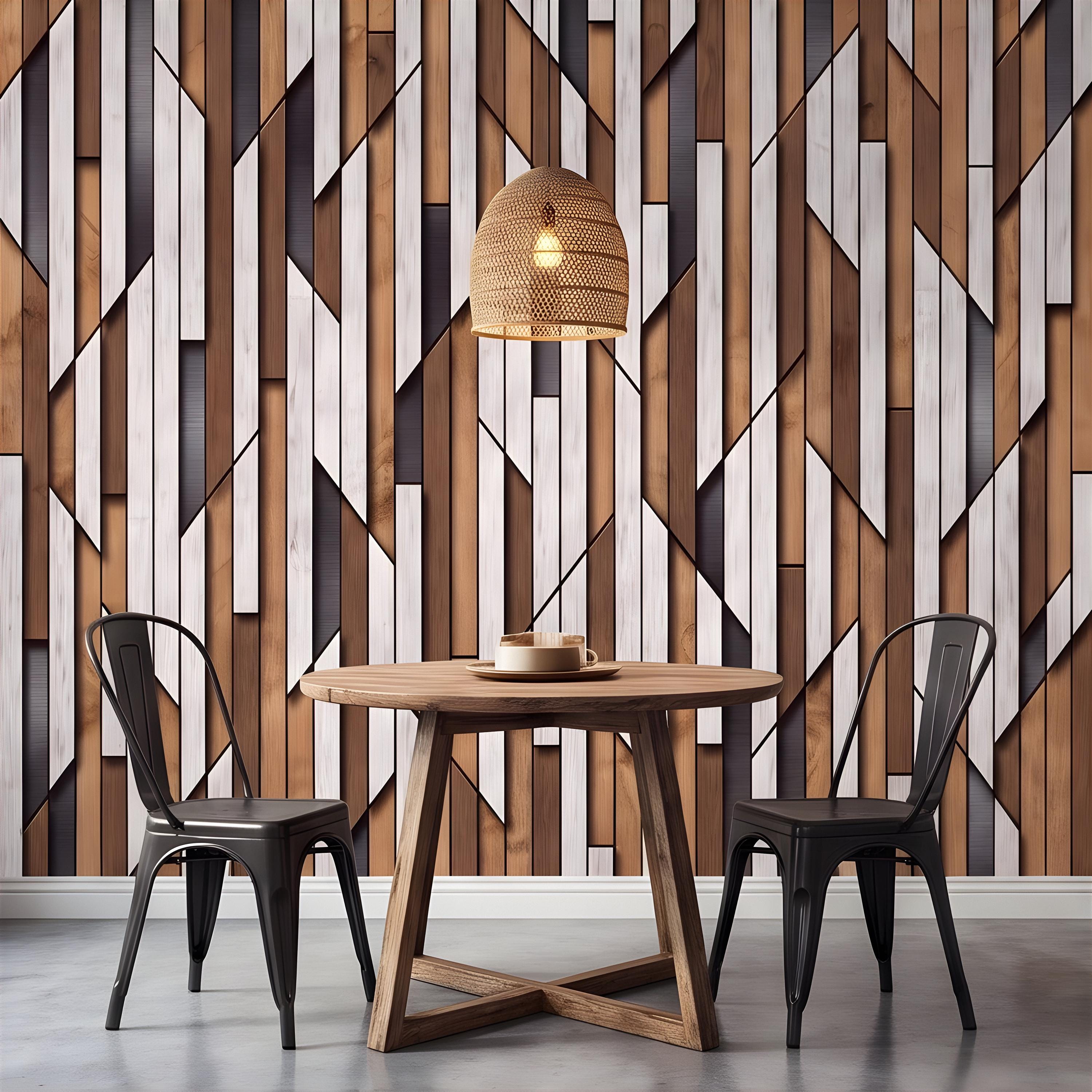 3D Geometric Wood Panel Peel and Stick Wall Mural, Modern Slatted Timber Pattern, Layered Wooden Planks, Architectural Texture Wallpaper