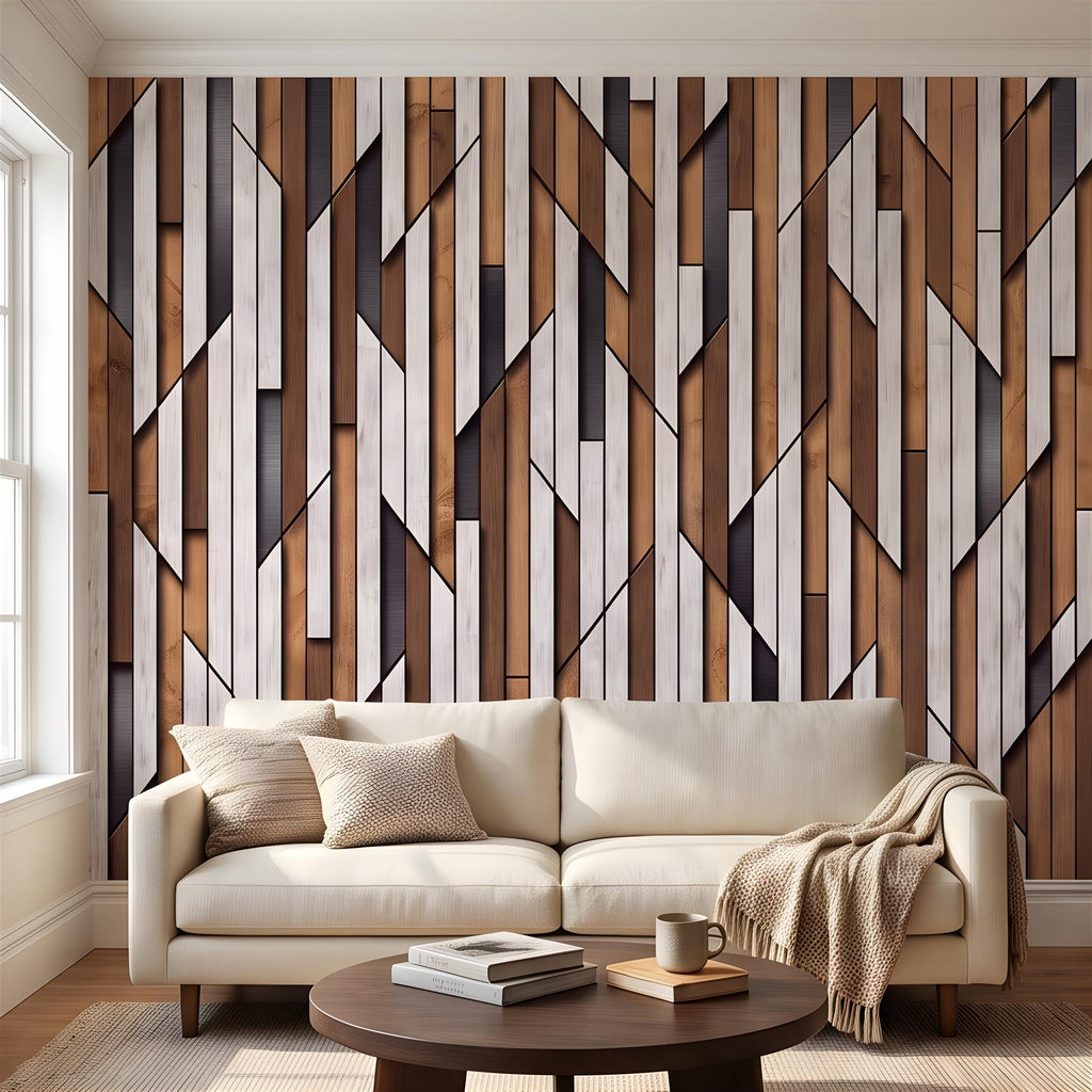 3D Geometric Wood Panel Peel and Stick Wall Mural, Modern Slatted Timber Pattern, Layered Wooden Planks, Architectural Texture Wallpaper