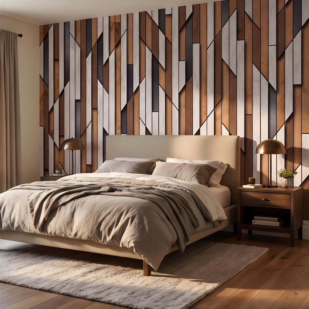 3D Geometric Wood Panel Peel and Stick Wall Mural, Modern Slatted Timber Pattern, Layered Wooden Planks, Architectural Texture Wallpaper