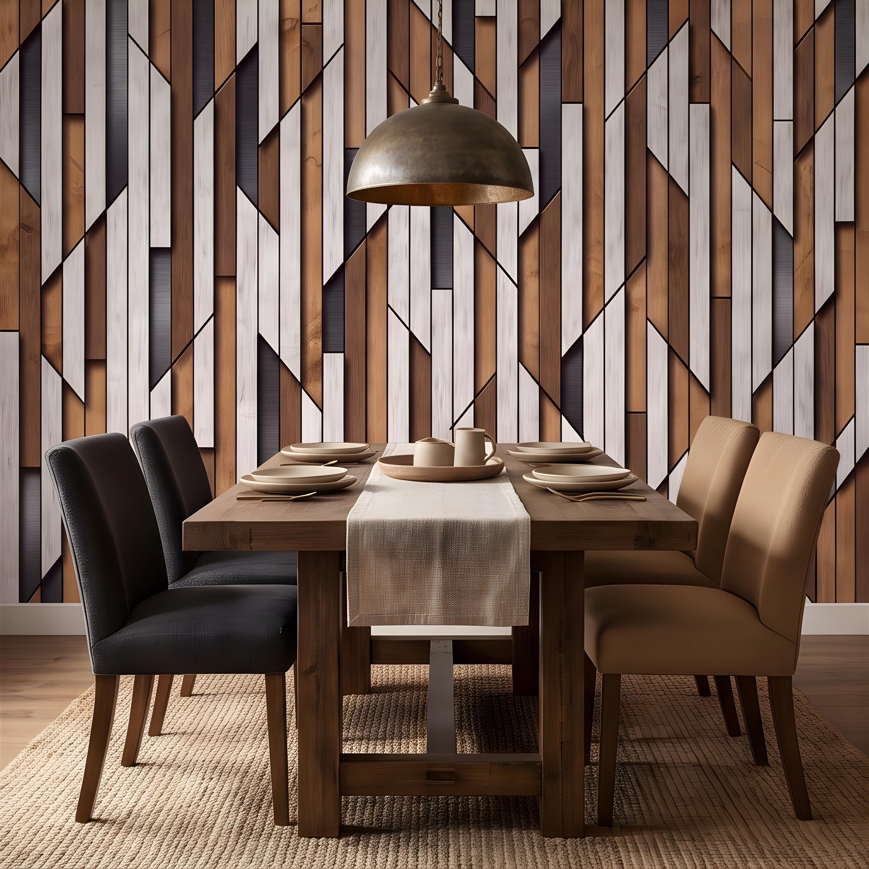 3D Geometric Wood Panel Peel and Stick Wall Mural, Modern Slatted Timber Pattern, Layered Wooden Planks, Architectural Texture Wallpaper