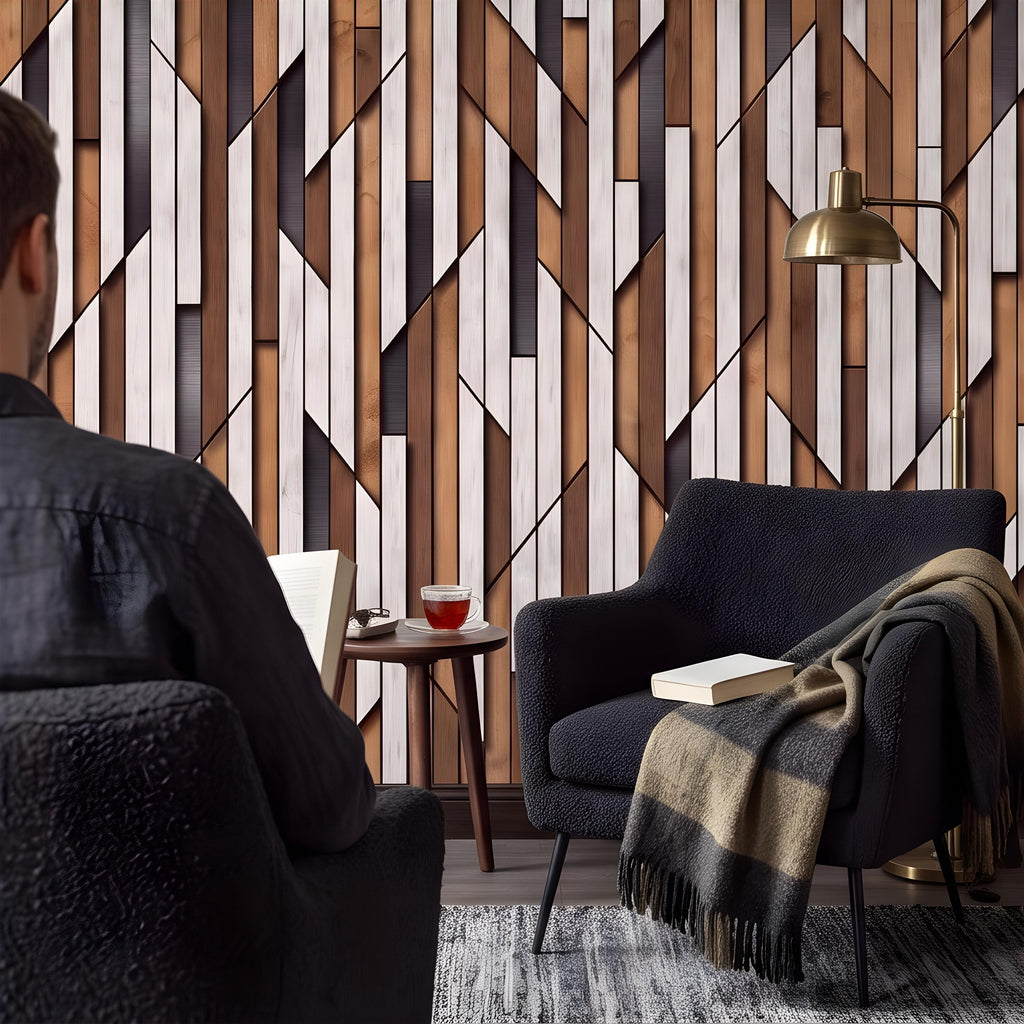 3D Geometric Wood Panel Peel and Stick Wall Mural, Modern Slatted Timber Pattern, Layered Wooden Planks, Architectural Texture Wallpaper