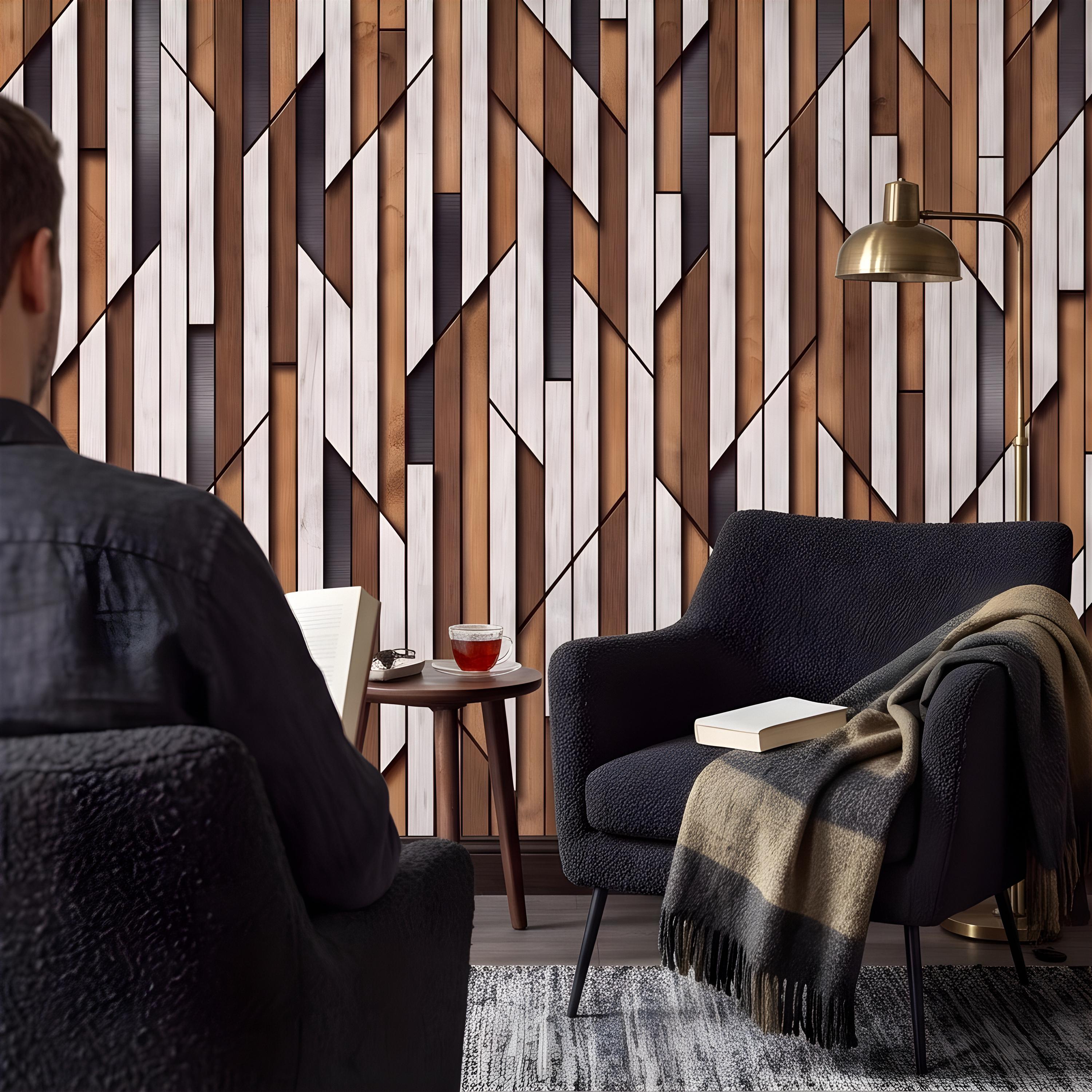 3D Geometric Wood Panel Peel and Stick Wall Mural, Modern Slatted Timber Pattern, Layered Wooden Planks, Architectural Texture Wallpaper