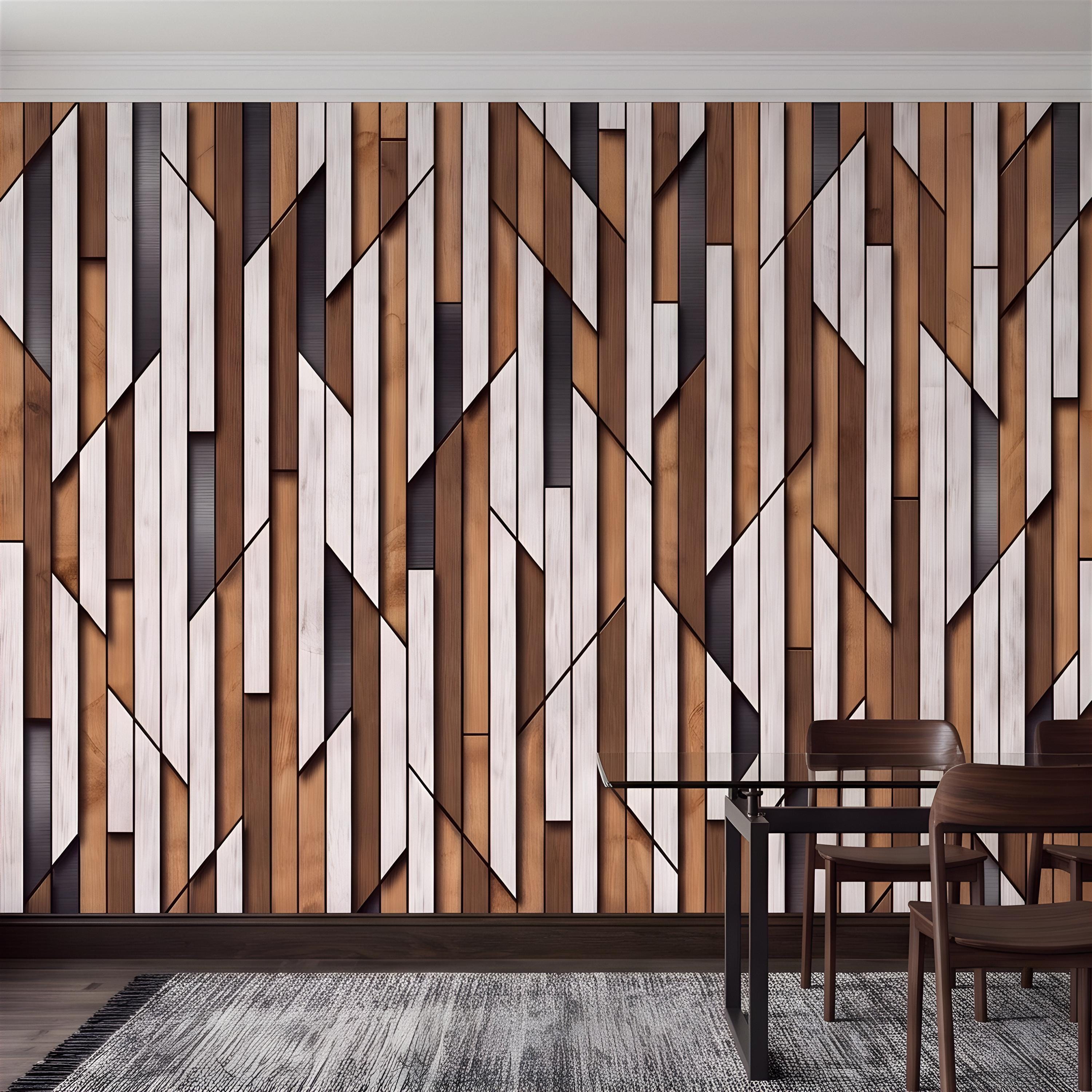 3D Geometric Wood Panel Peel and Stick Wall Mural, Modern Slatted Timber Pattern, Layered Wooden Planks, Architectural Texture Wallpaper