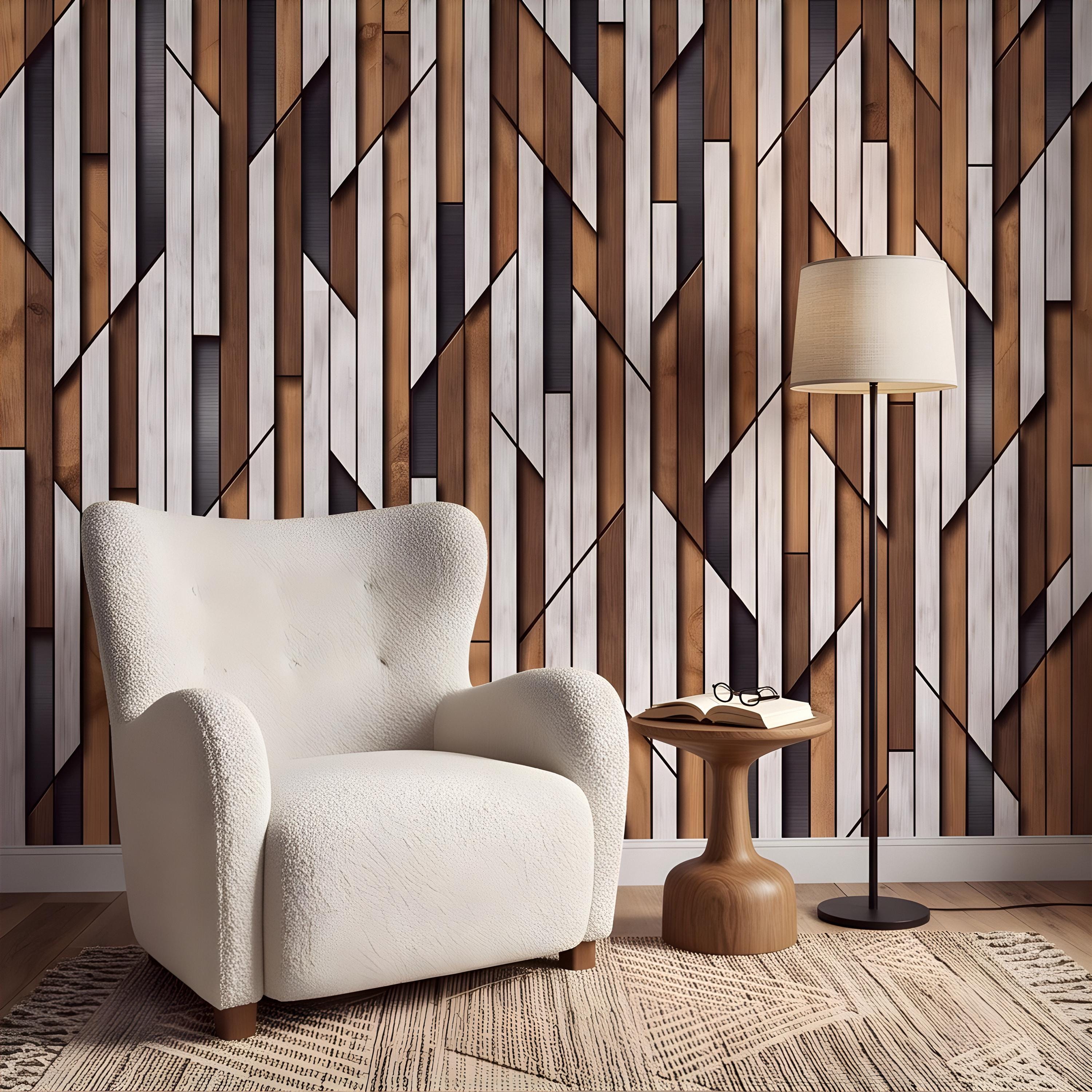 3D Geometric Wood Panel Peel and Stick Wall Mural, Modern Slatted Timber Pattern, Layered Wooden Planks, Architectural Texture Wallpaper