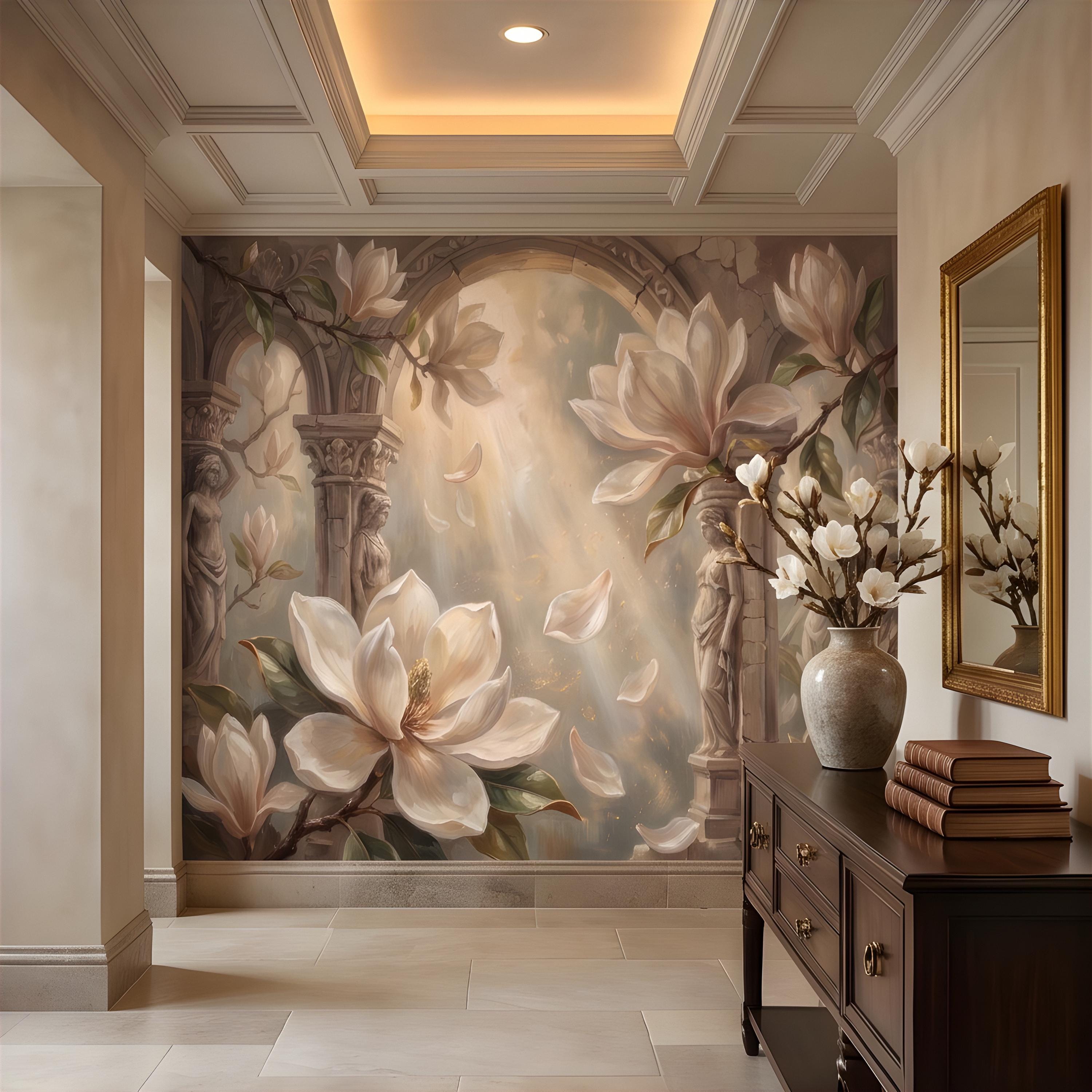 Classical Magnolia Peel and Stick Wall Mural, Ancient Stone Archway, Greco Roman Garden Statues, Elegant Botanical Wallpaper