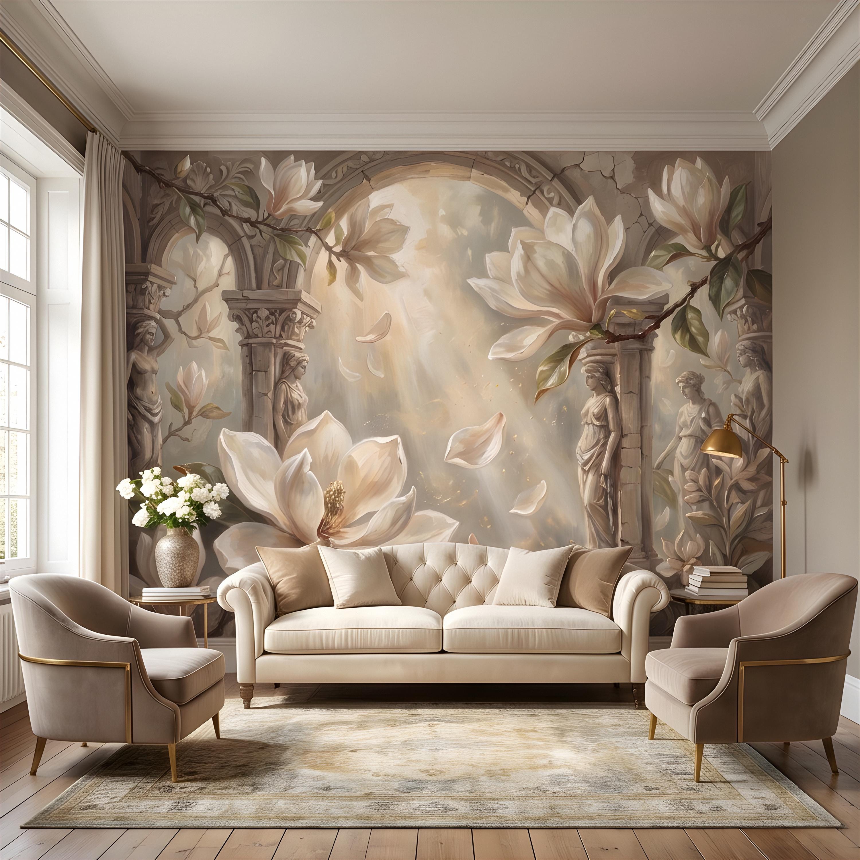 Classical Magnolia Peel and Stick Wall Mural, Ancient Stone Archway, Greco Roman Garden Statues, Elegant Botanical Wallpaper