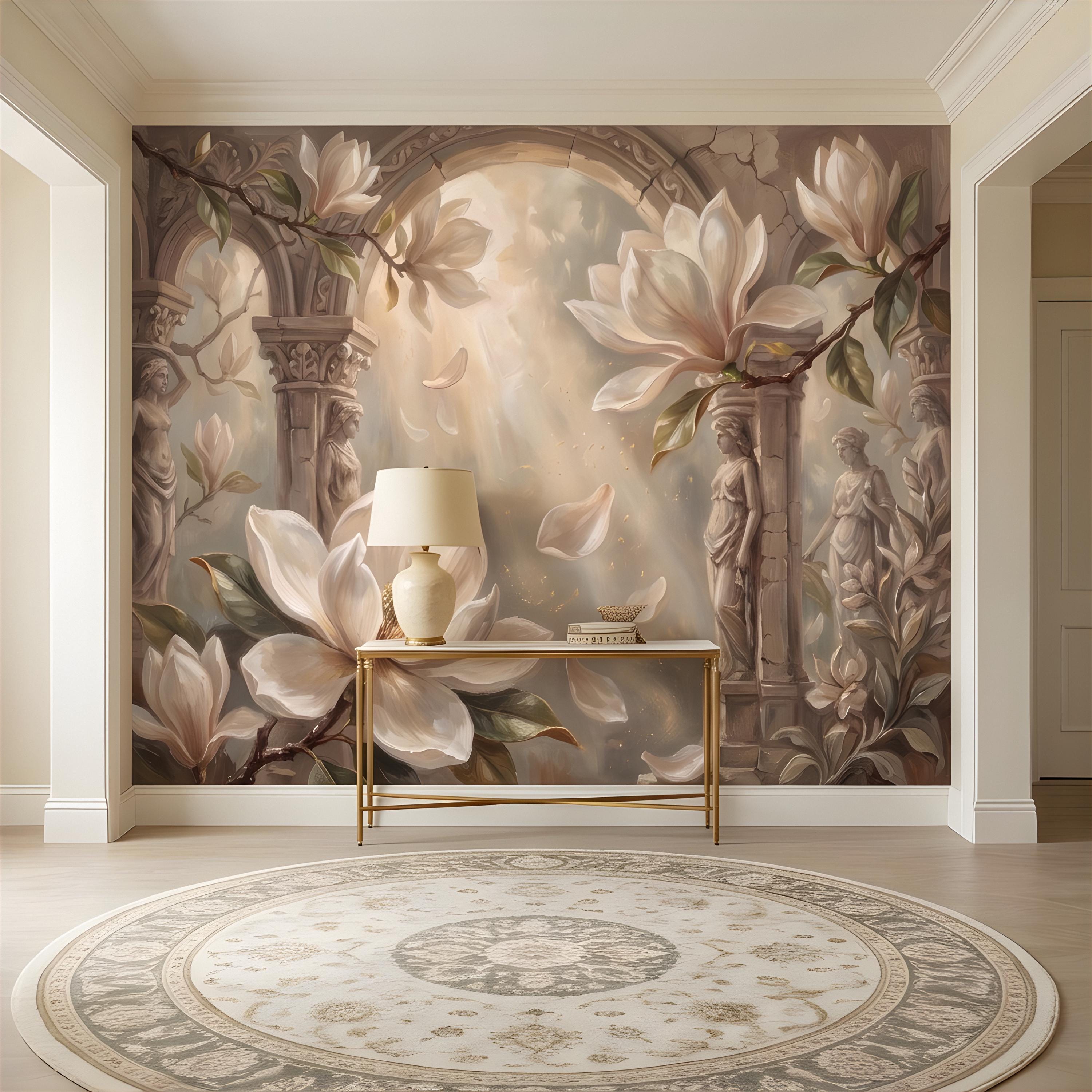 Classical Magnolia Peel and Stick Wall Mural, Ancient Stone Archway, Greco Roman Garden Statues, Elegant Botanical Wallpaper