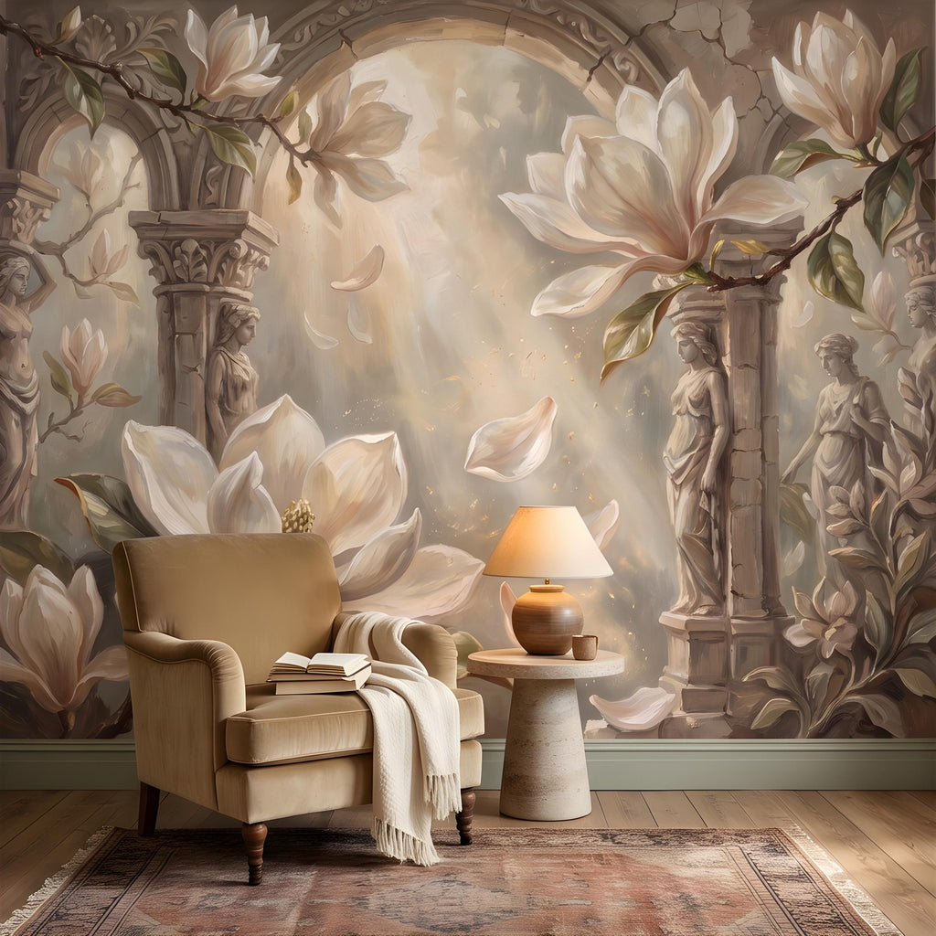 Classical Magnolia Peel and Stick Wall Mural, Ancient Stone Archway, Greco Roman Garden Statues, Elegant Botanical Wallpaper