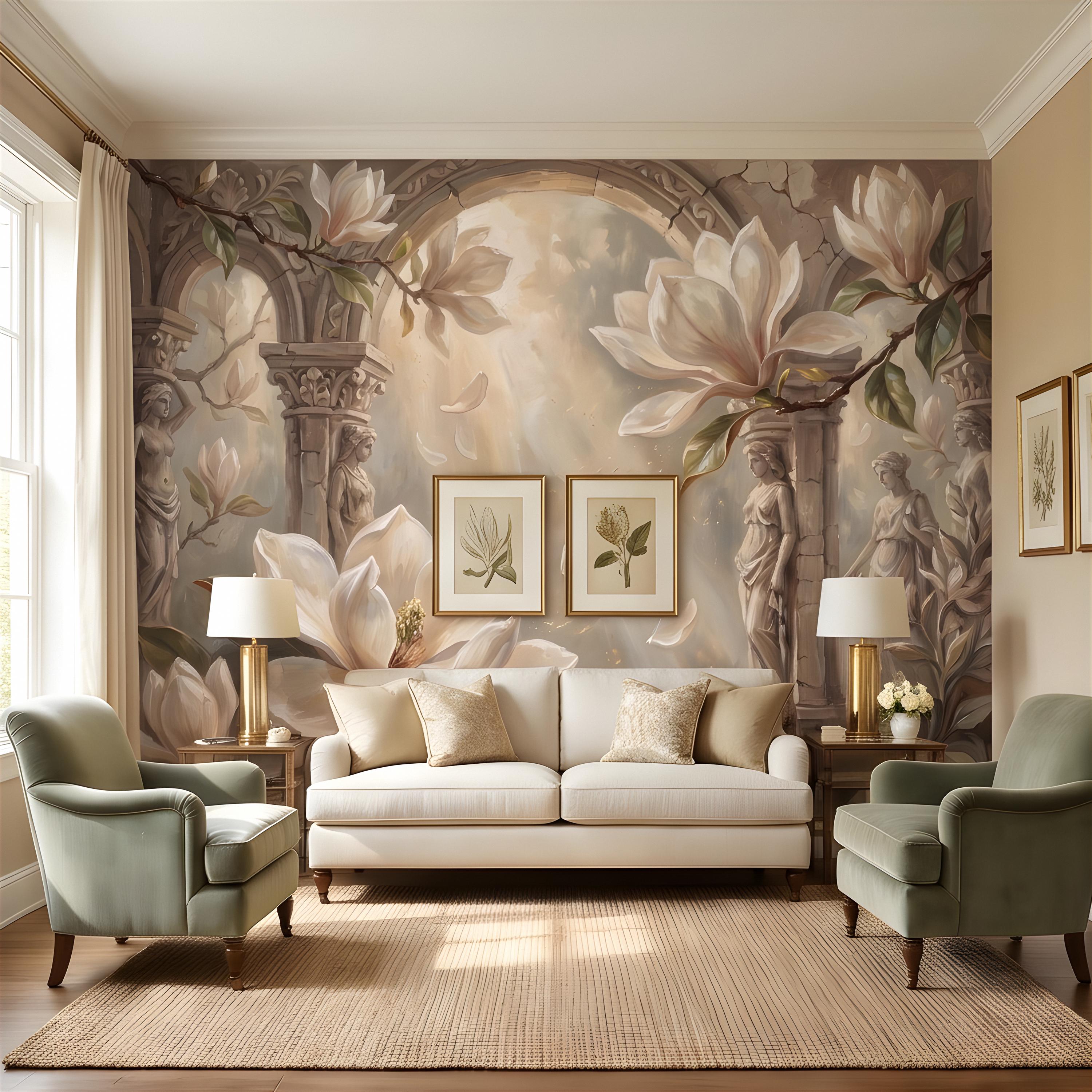 Classical Magnolia Peel and Stick Wall Mural, Ancient Stone Archway, Greco Roman Garden Statues, Elegant Botanical Wallpaper