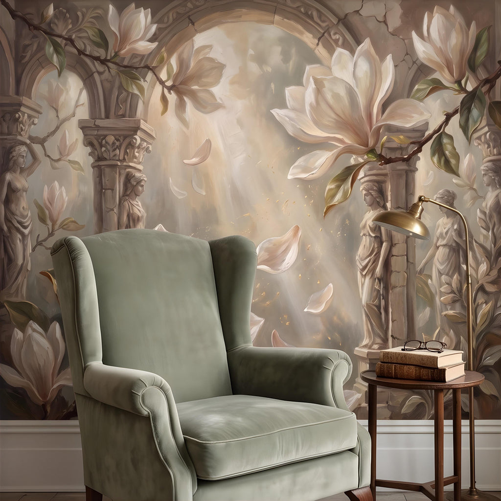 Classical Magnolia Peel and Stick Wall Mural, Ancient Stone Archway, Greco Roman Garden Statues, Elegant Botanical Wallpaper