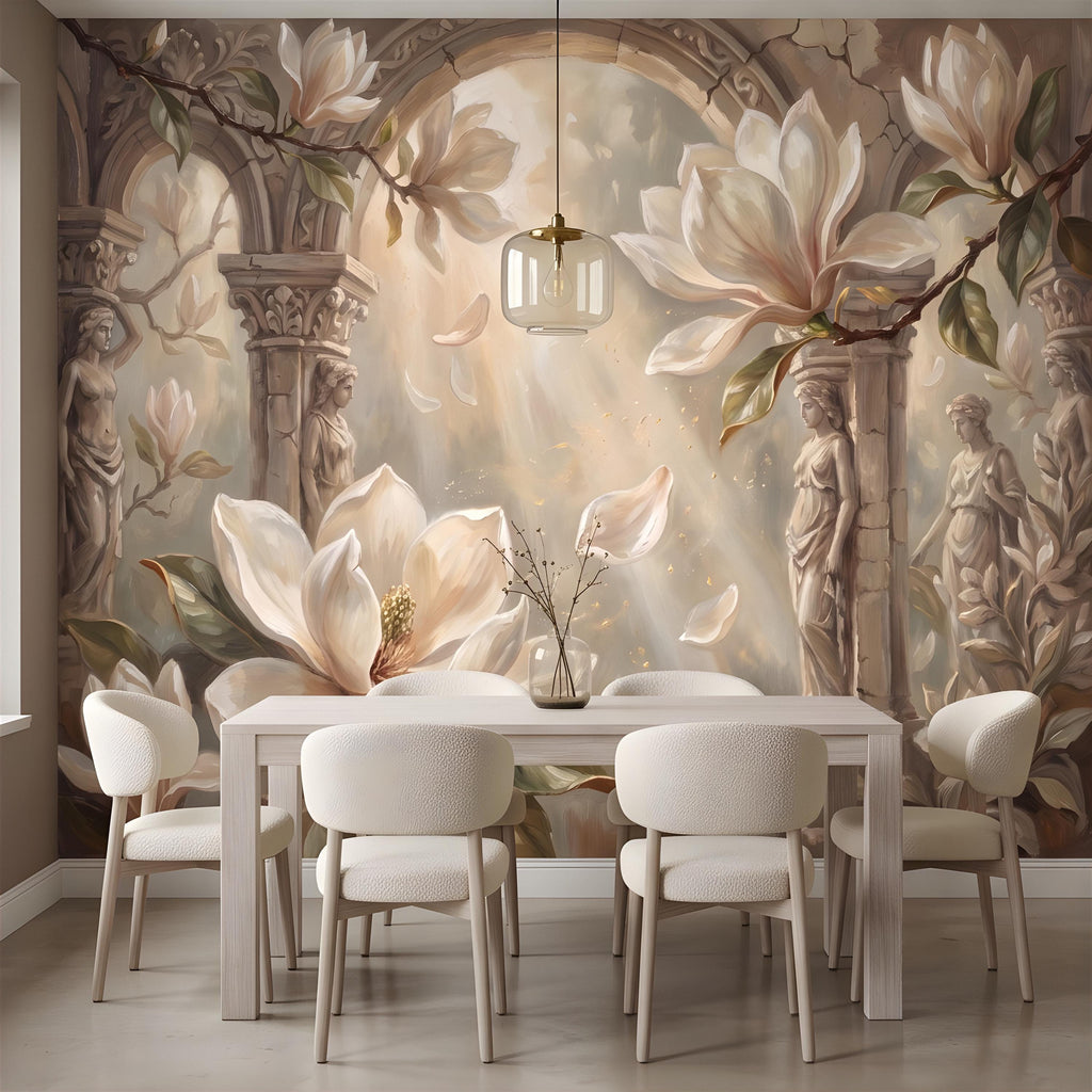 Classical Magnolia Peel and Stick Wall Mural, Ancient Stone Archway, Greco Roman Garden Statues, Elegant Botanical Wallpaper