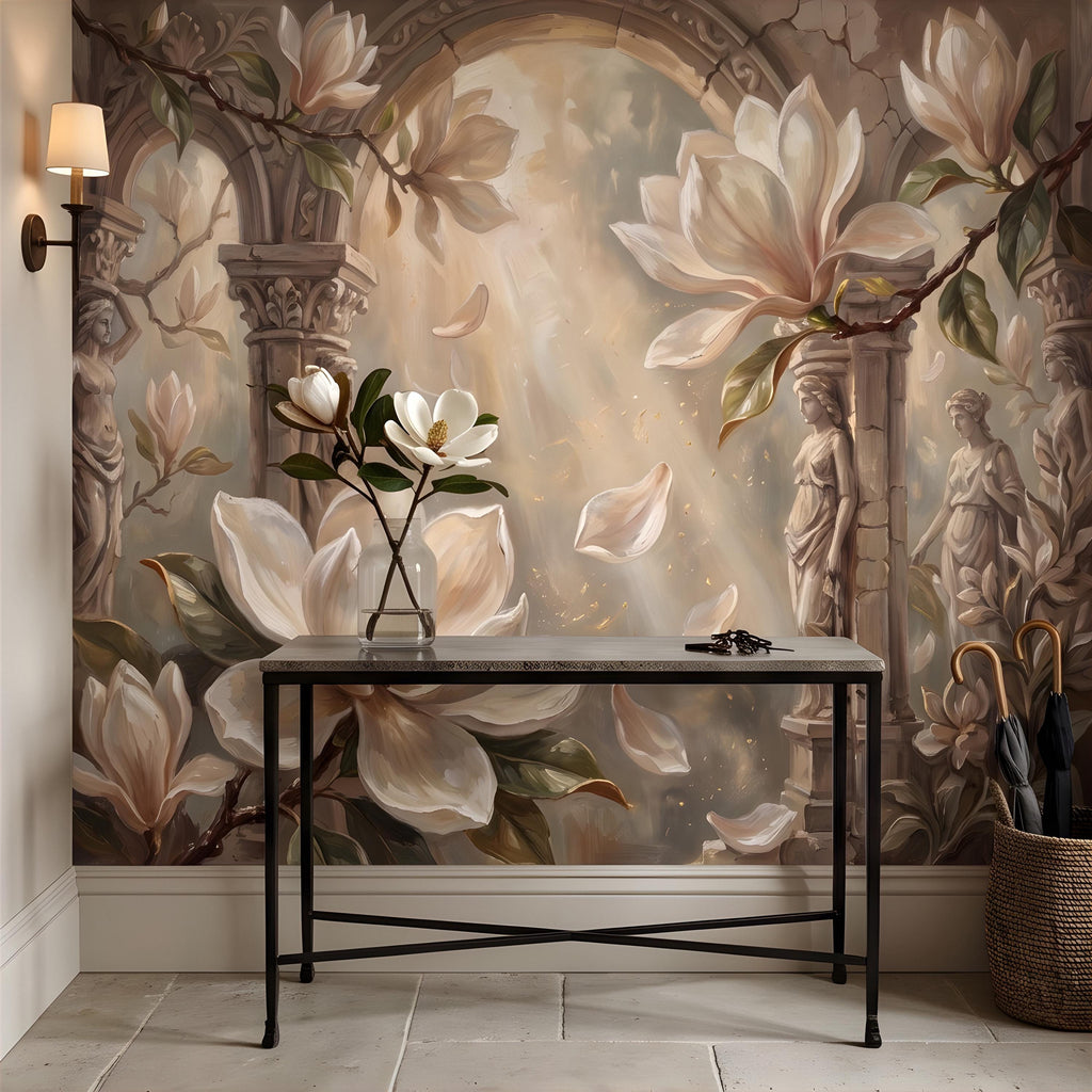 Classical Magnolia Peel and Stick Wall Mural, Ancient Stone Archway, Greco Roman Garden Statues, Elegant Botanical Wallpaper