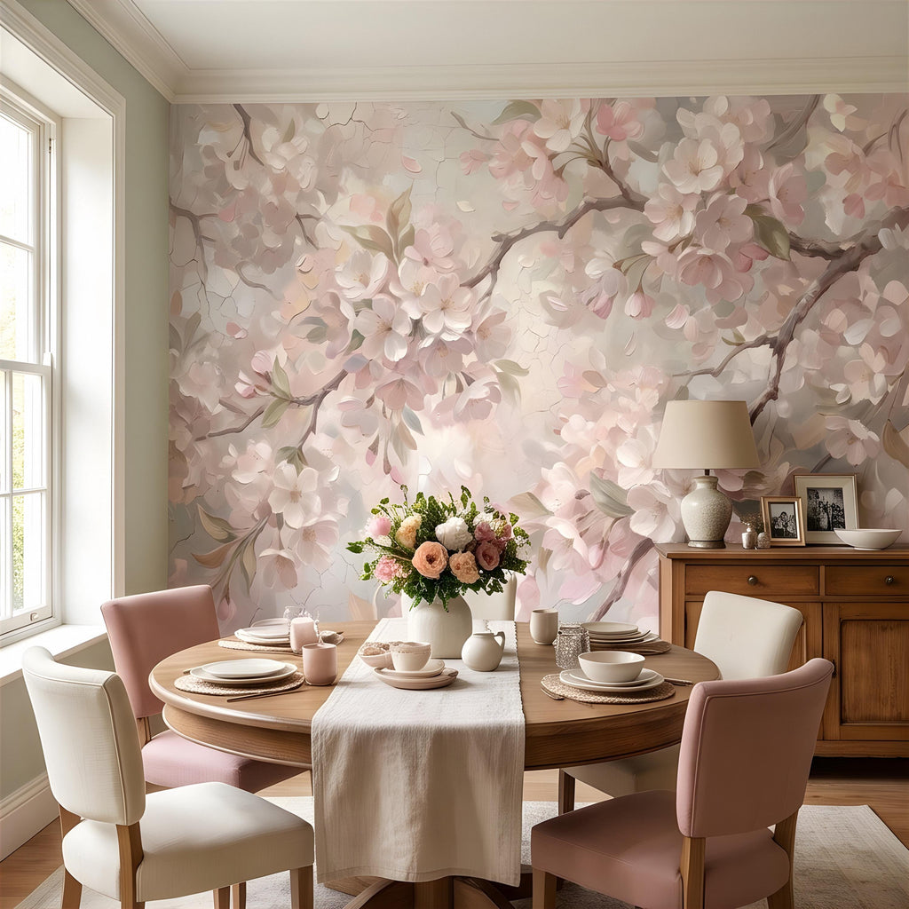 Cherry Blossom Peel and Stick Wall Mural, Soft Sakura Branches, Painterly Spring Bloom, Romantic Botanical Wallpaper