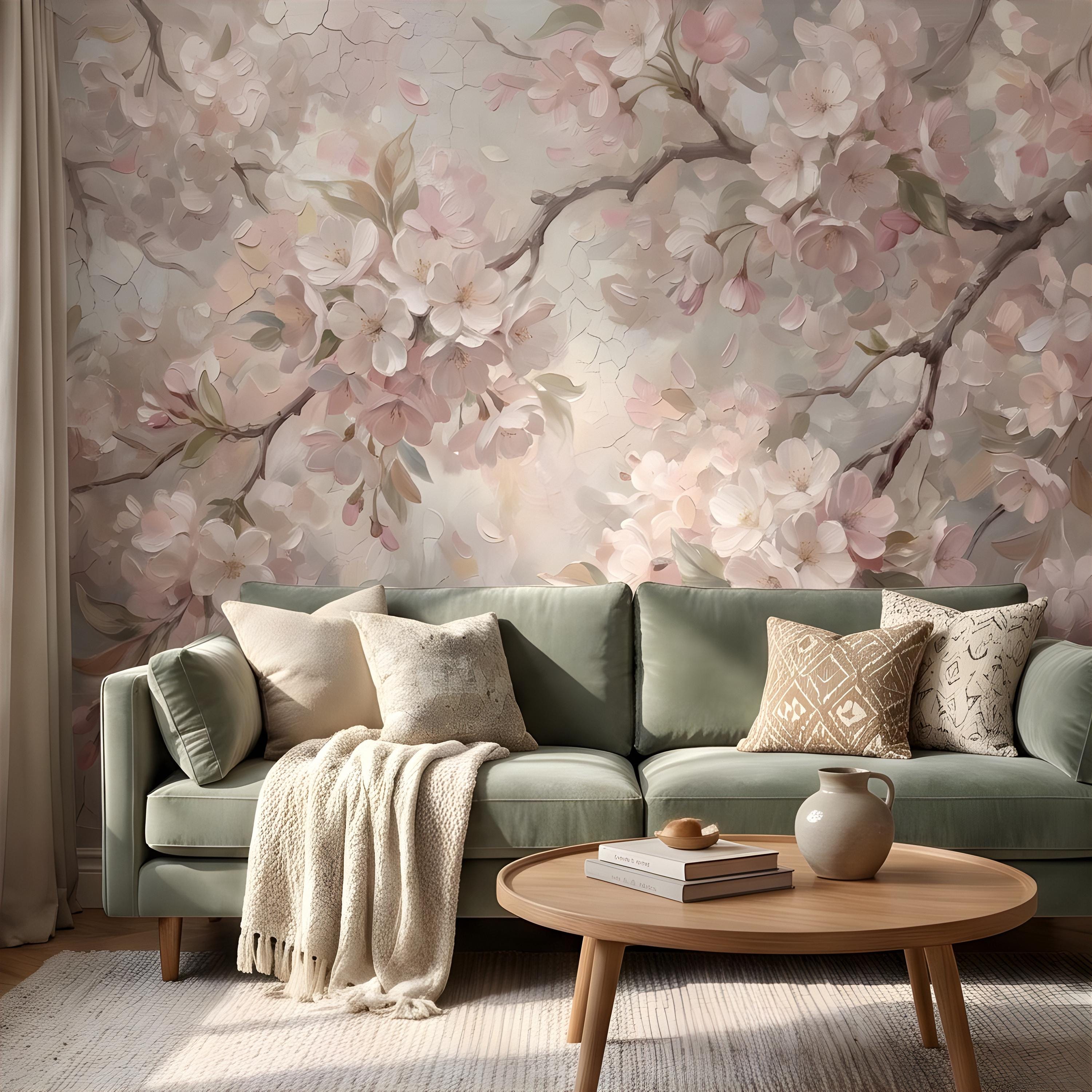 Cherry Blossom Peel and Stick Wall Mural, Soft Sakura Branches, Painterly Spring Bloom, Romantic Botanical Wallpaper