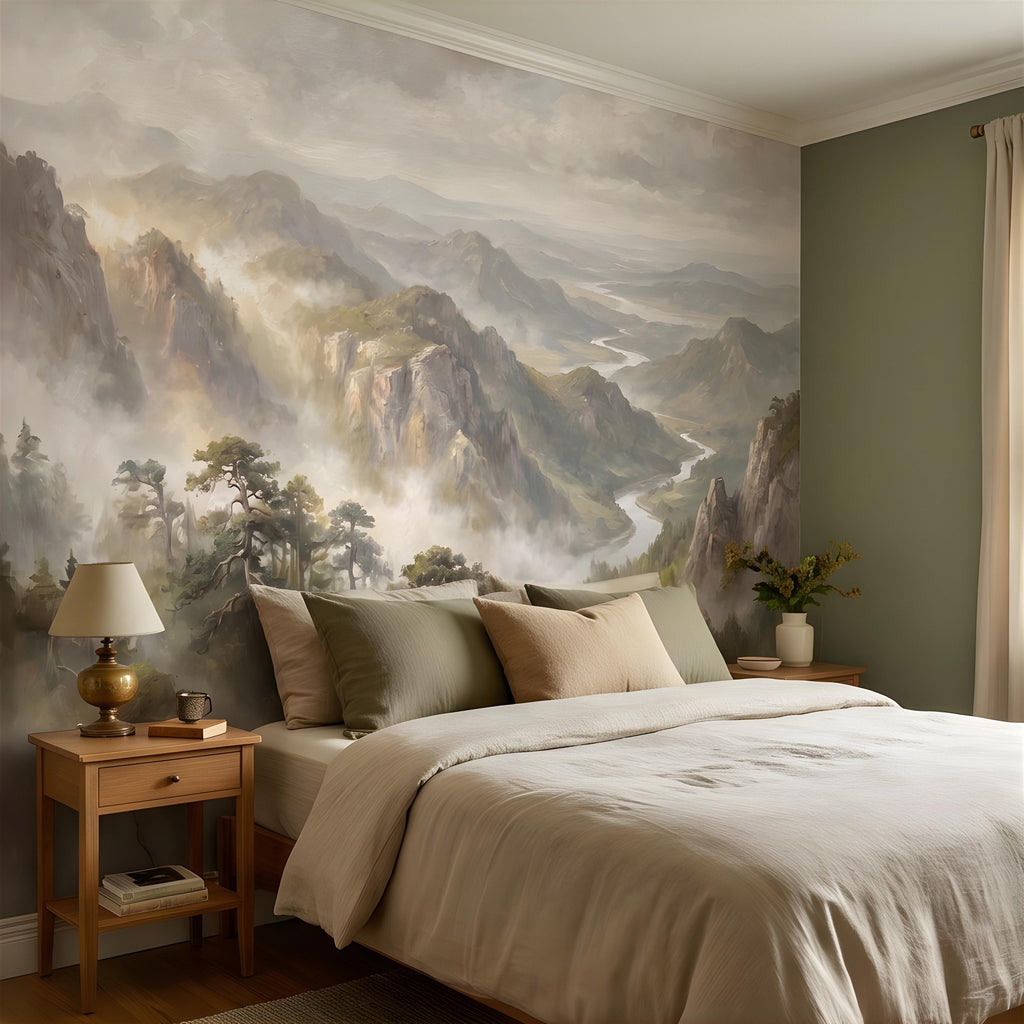 Misty Mountain Valley Peel and Stick Wall Mural, Painterly River Canyon Vista, Majestic Forest Peaks, Scenic Nature Wallpaper