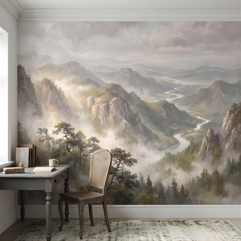 Misty Mountain Valley Peel and Stick Wall Mural, Painterly River Canyon Vista, Majestic Forest Peaks, Scenic Nature Wallpaper