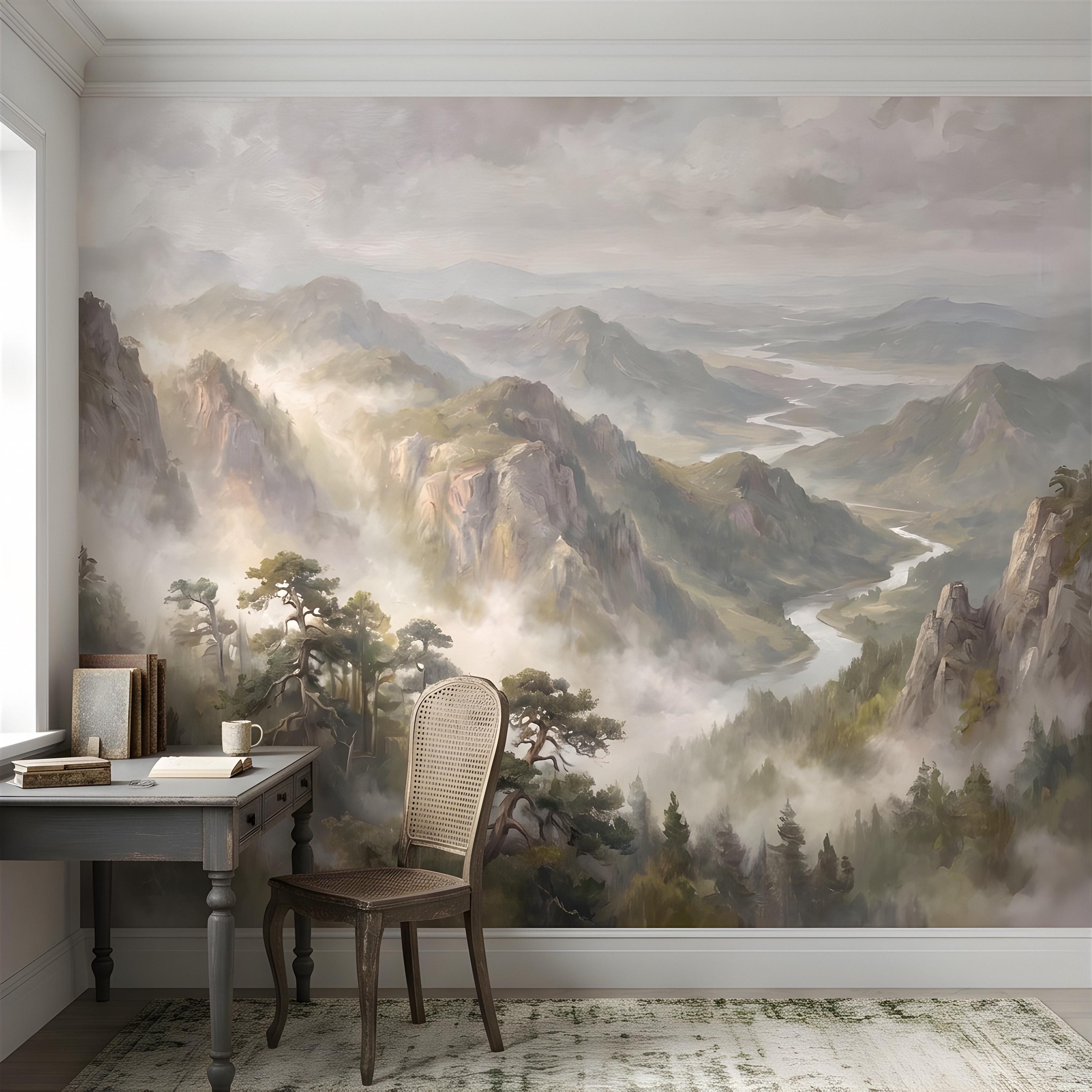 Misty Mountain Valley Peel and Stick Wall Mural, Painterly River Canyon Vista, Majestic Forest Peaks, Scenic Nature Wallpaper