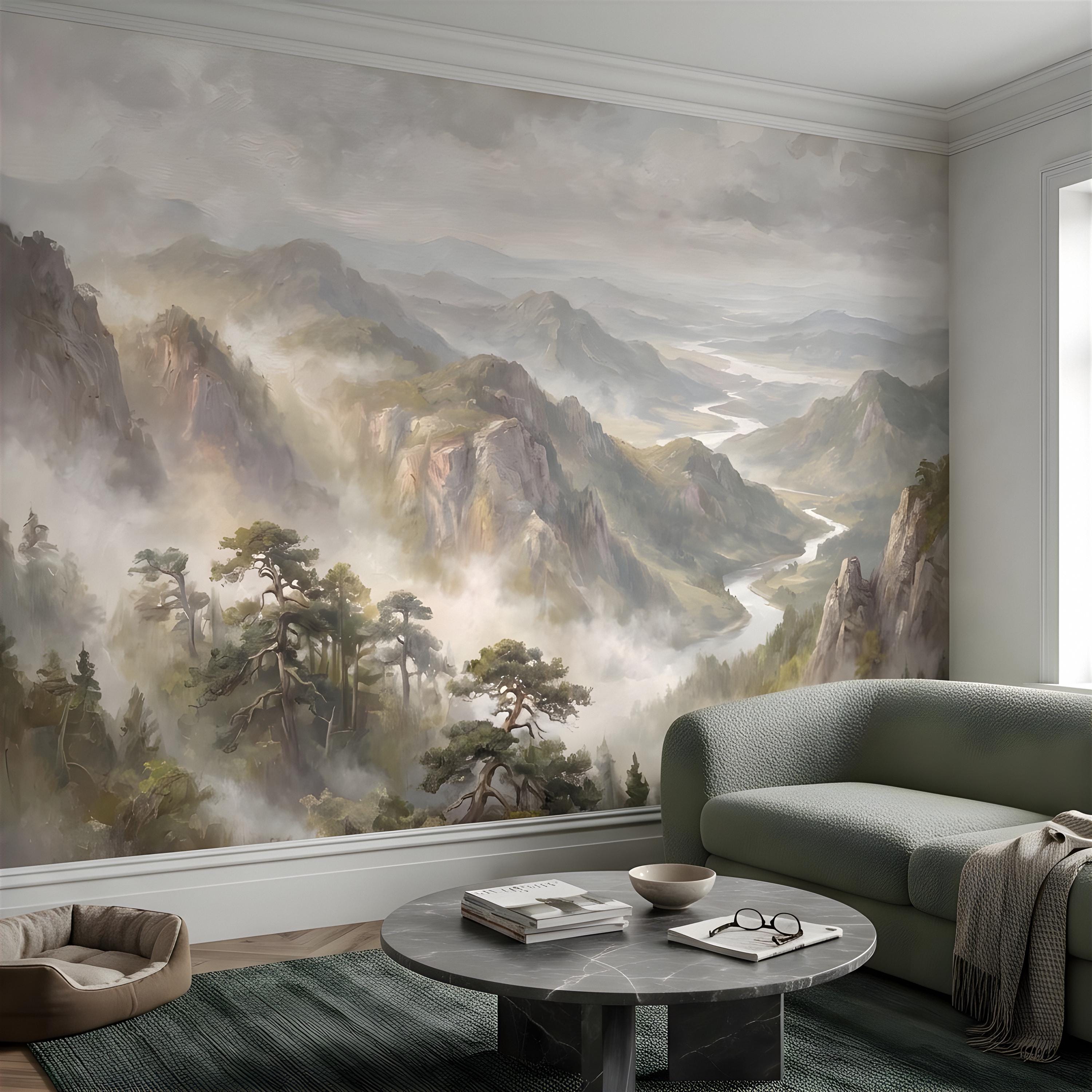 Misty Mountain Valley Peel and Stick Wall Mural, Painterly River Canyon Vista, Majestic Forest Peaks, Scenic Nature Wallpaper