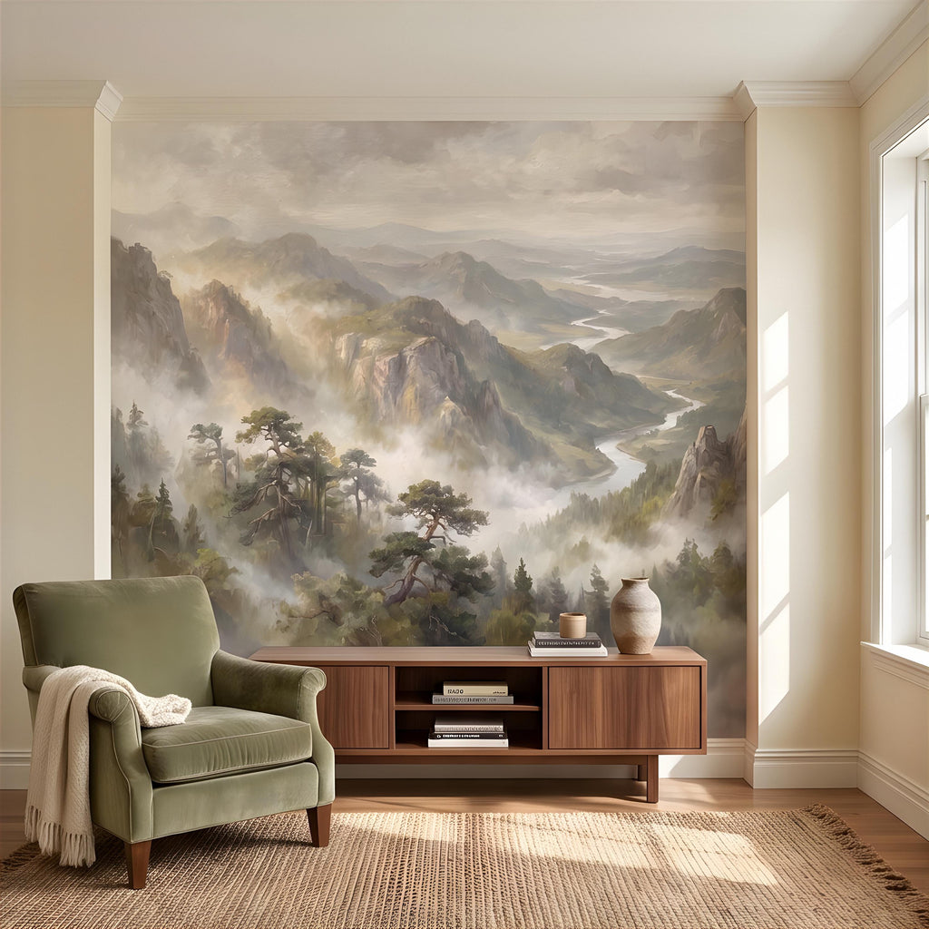 Misty Mountain Valley Peel and Stick Wall Mural, Painterly River Canyon Vista, Majestic Forest Peaks, Scenic Nature Wallpaper