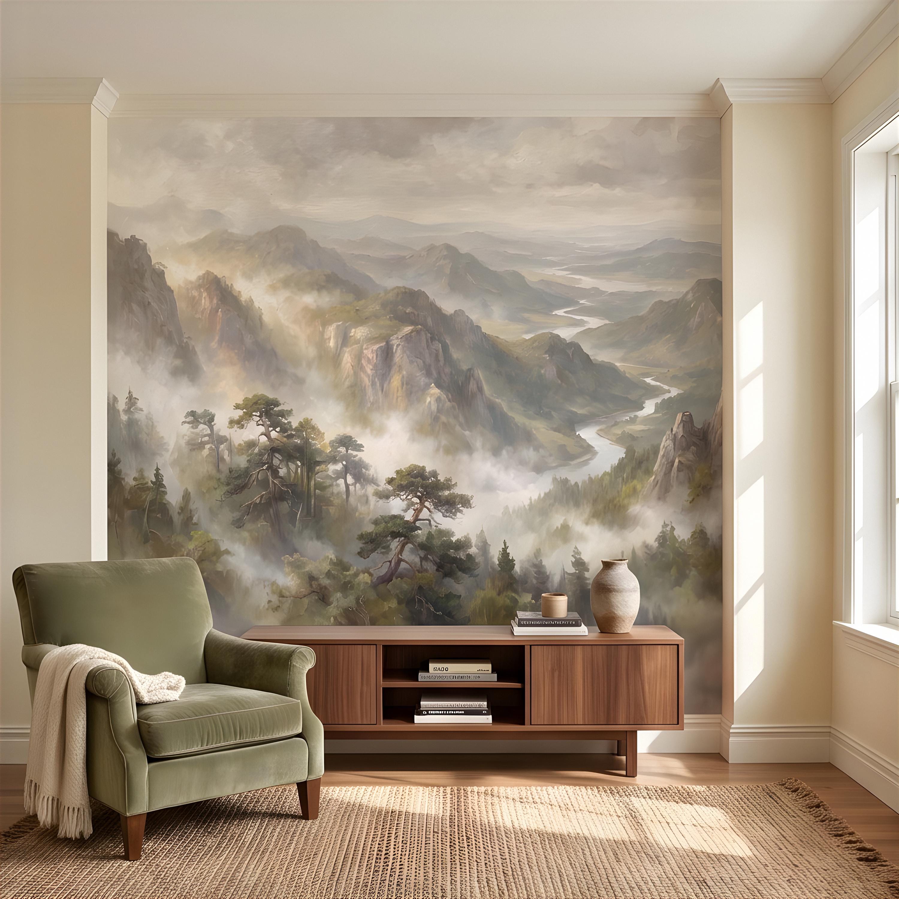 Misty Mountain Valley Peel and Stick Wall Mural, Painterly River Canyon Vista, Majestic Forest Peaks, Scenic Nature Wallpaper