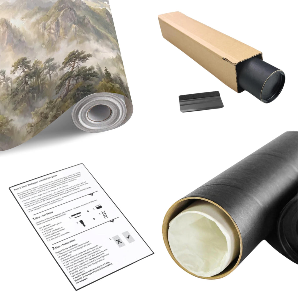 Misty Mountain Valley Peel and Stick Wall Mural, Painterly River Canyon Vista, Majestic Forest Peaks, Scenic Nature Wallpaper