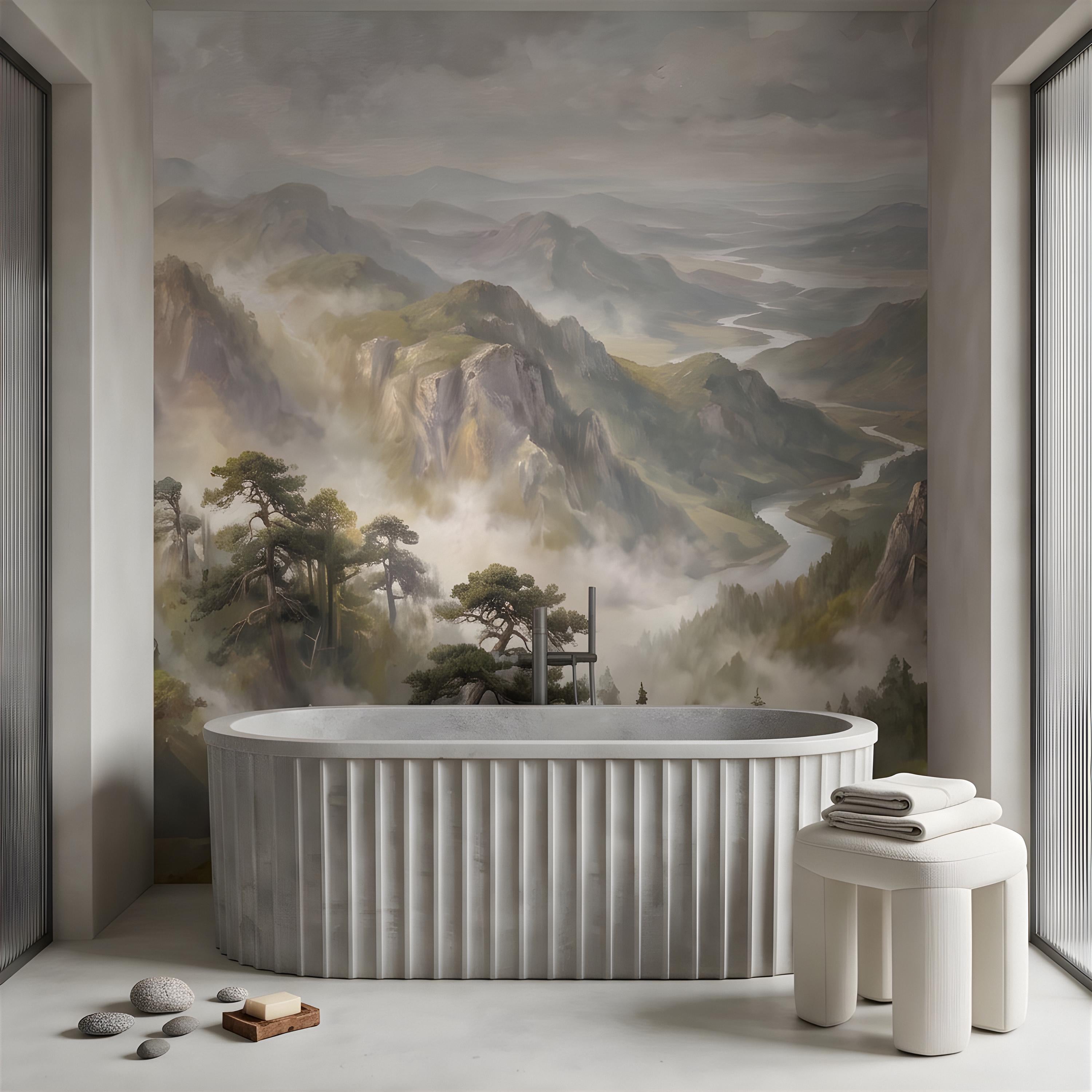 Misty Mountain Valley Peel and Stick Wall Mural, Painterly River Canyon Vista, Majestic Forest Peaks, Scenic Nature Wallpaper