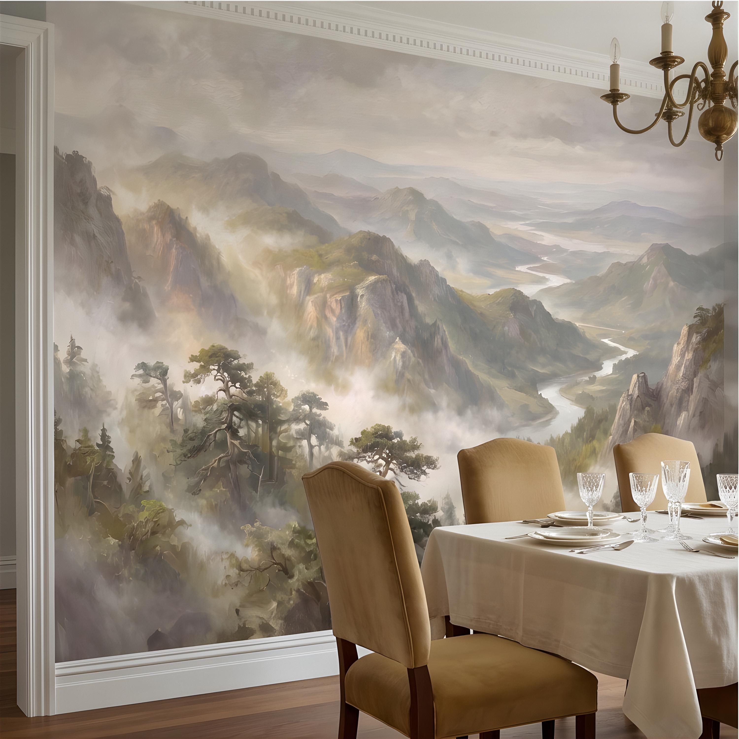 Misty Mountain Valley Peel and Stick Wall Mural, Painterly River Canyon Vista, Majestic Forest Peaks, Scenic Nature Wallpaper