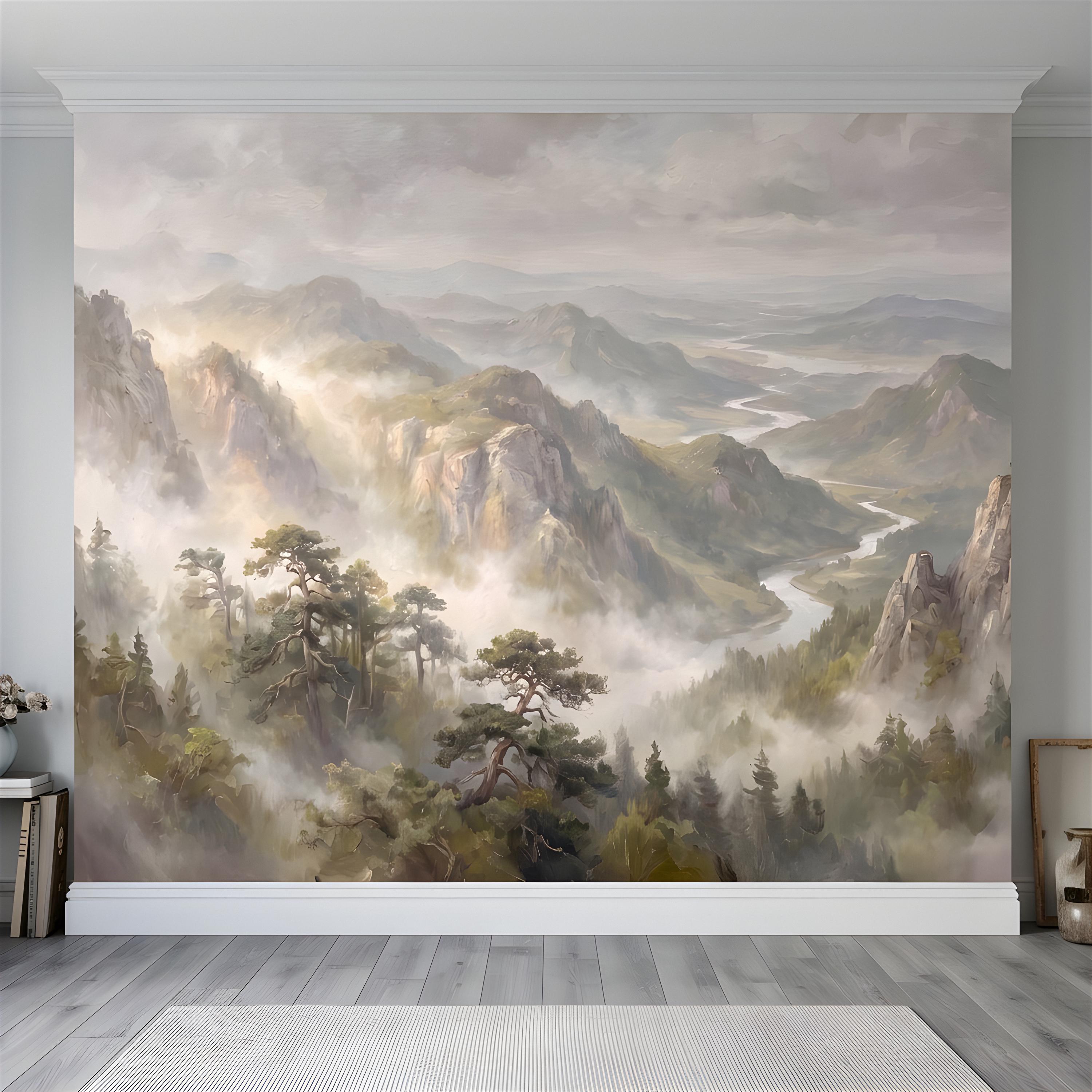 Misty Mountain Valley Peel and Stick Wall Mural, Painterly River Canyon Vista, Majestic Forest Peaks, Scenic Nature Wallpaper