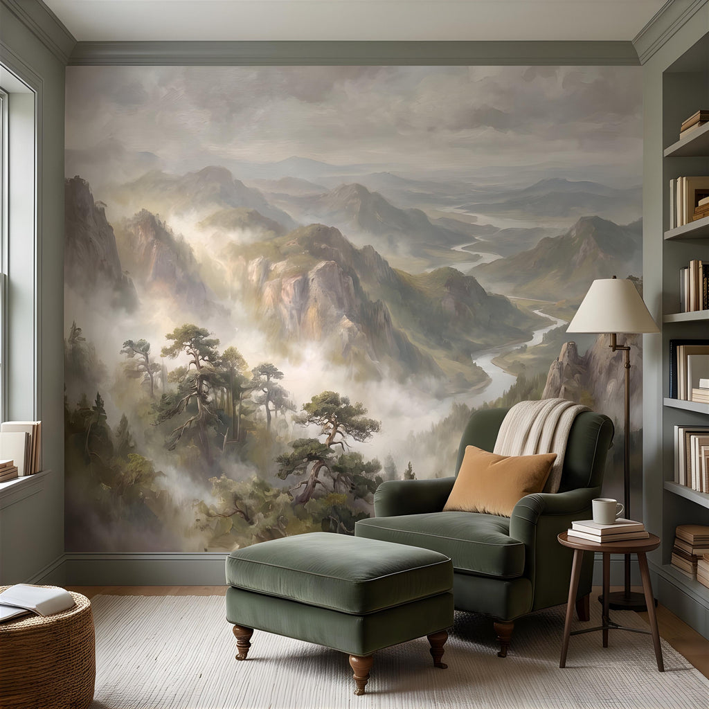 Misty Mountain Valley Peel and Stick Wall Mural, Painterly River Canyon Vista, Majestic Forest Peaks, Scenic Nature Wallpaper