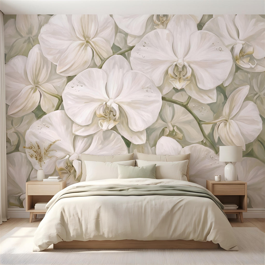 White Orchid Peel and Stick Wall Mural, Oversized Phalaenopsis Blooms, Elegant Botanical Floral, Soft Sage Wallpaper