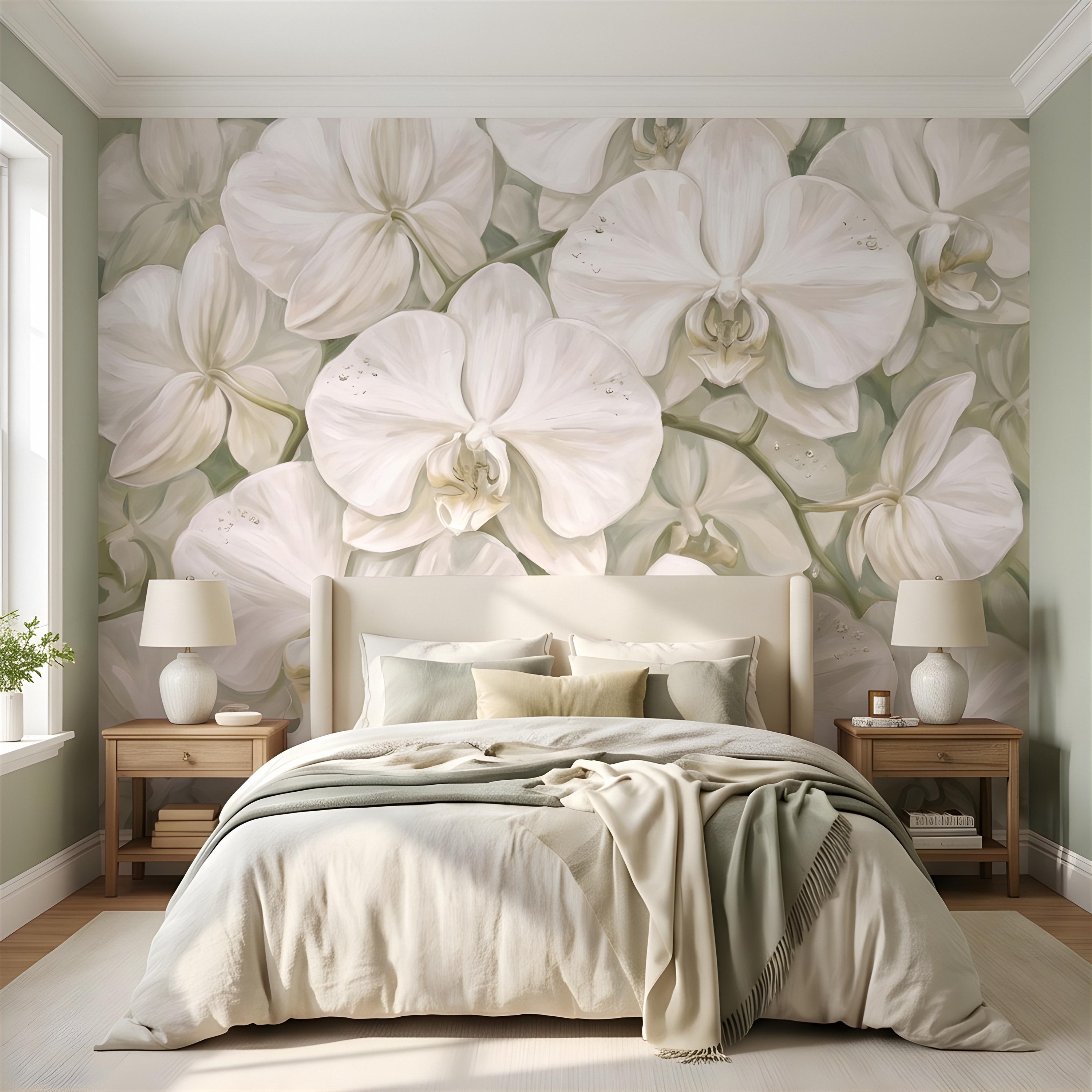 White Orchid Peel and Stick Wall Mural, Oversized Phalaenopsis Blooms, Elegant Botanical Floral, Soft Sage Wallpaper