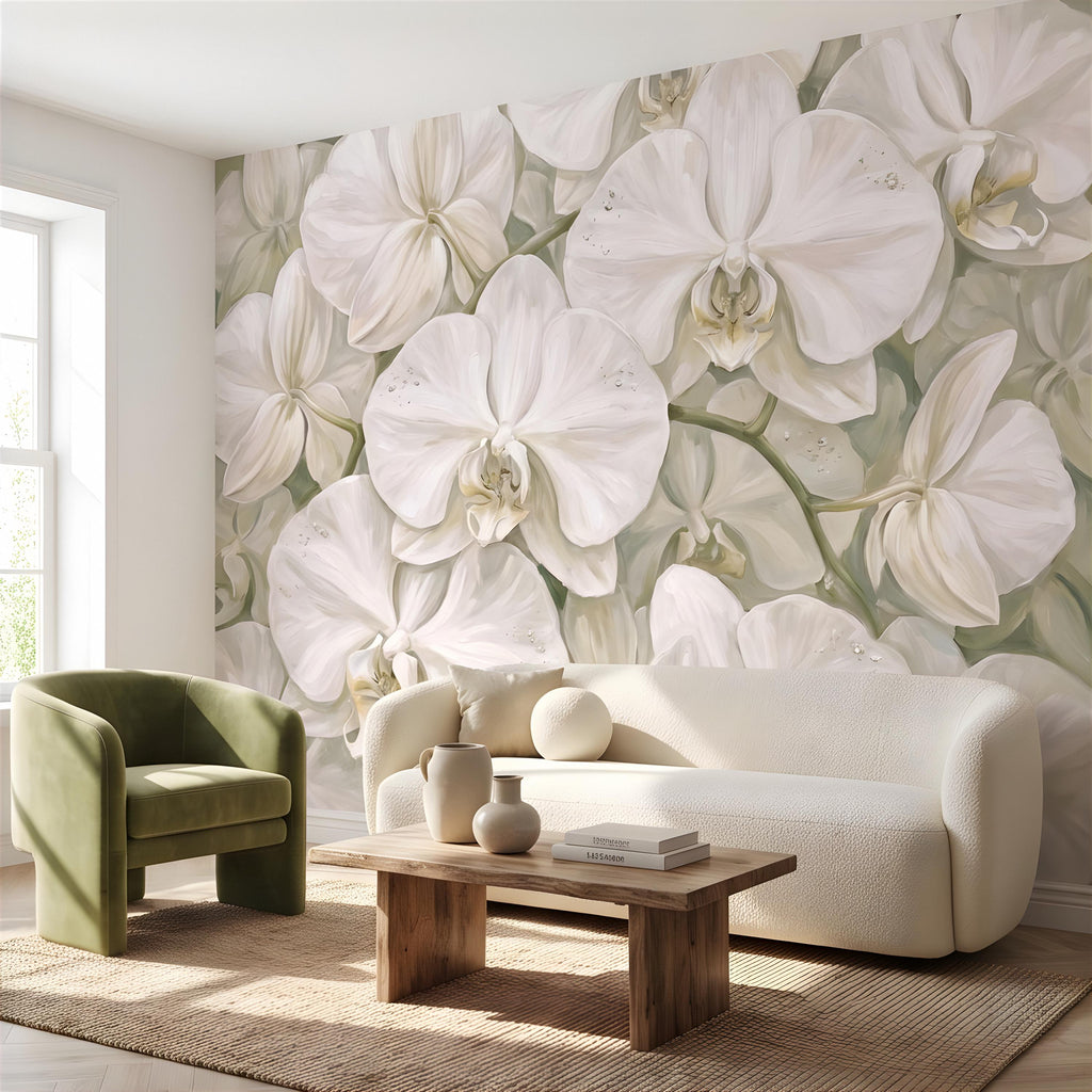 White Orchid Peel and Stick Wall Mural, Oversized Phalaenopsis Blooms, Elegant Botanical Floral, Soft Sage Wallpaper