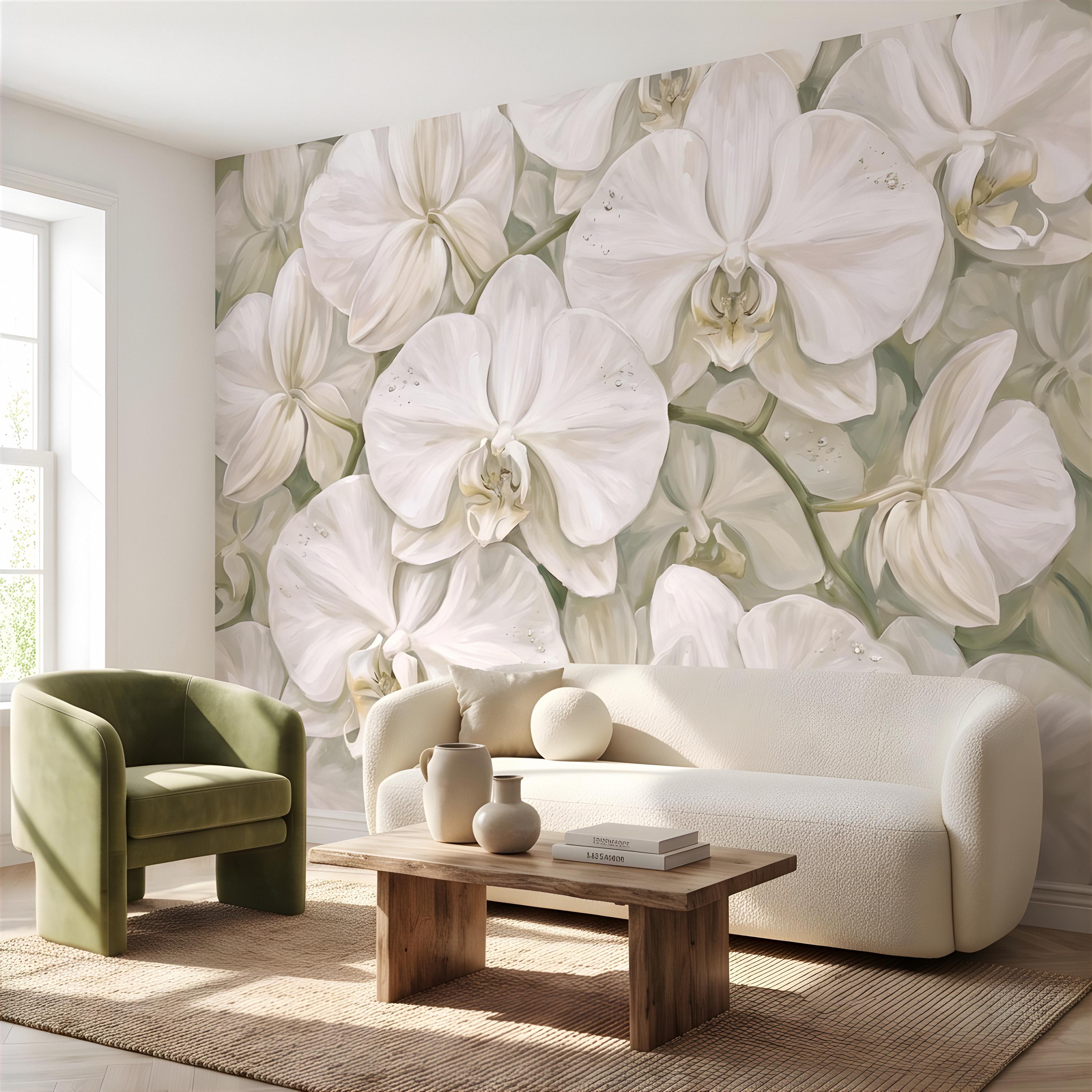 White Orchid Peel and Stick Wall Mural, Oversized Phalaenopsis Blooms, Elegant Botanical Floral, Soft Sage Wallpaper