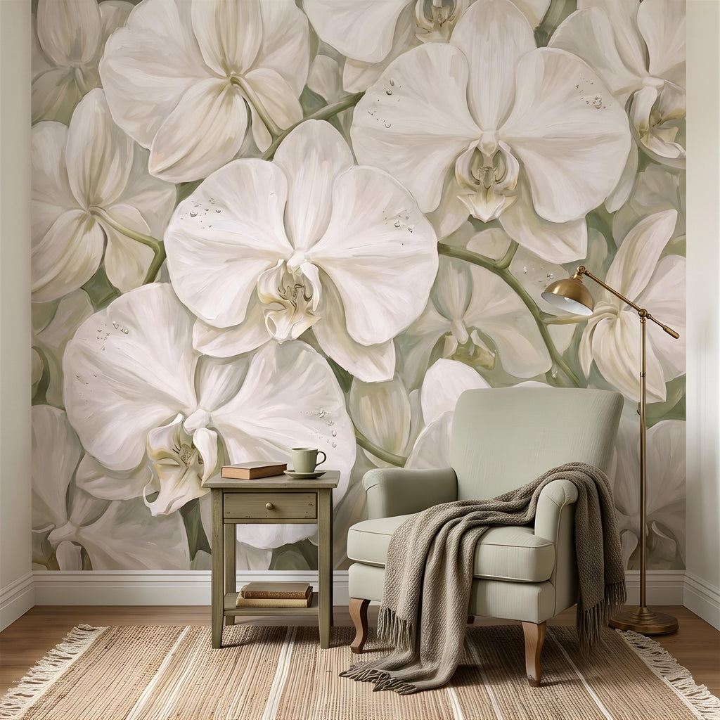 White Orchid Peel and Stick Wall Mural, Oversized Phalaenopsis Blooms, Elegant Botanical Floral, Soft Sage Wallpaper