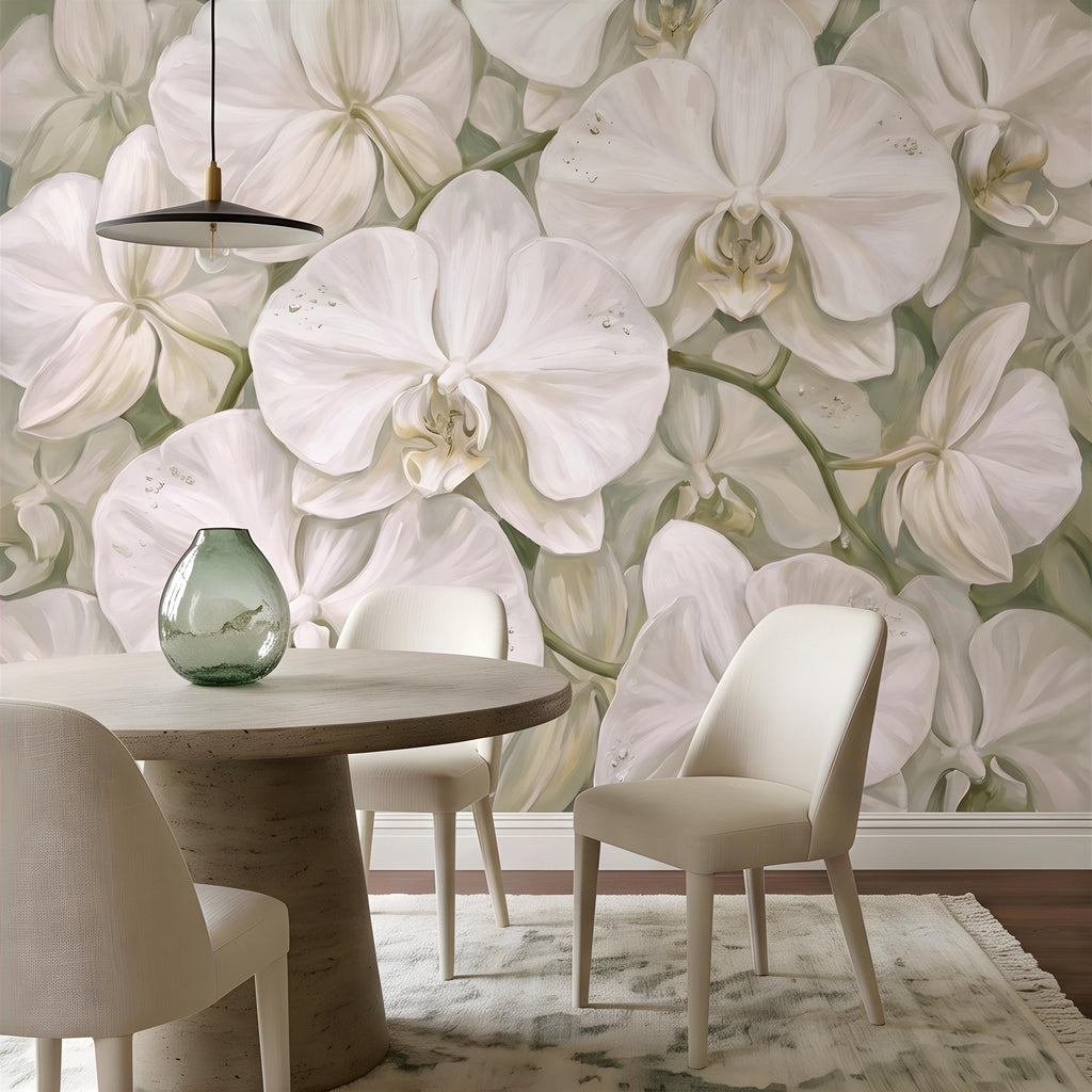 White Orchid Peel and Stick Wall Mural, Oversized Phalaenopsis Blooms, Elegant Botanical Floral, Soft Sage Wallpaper