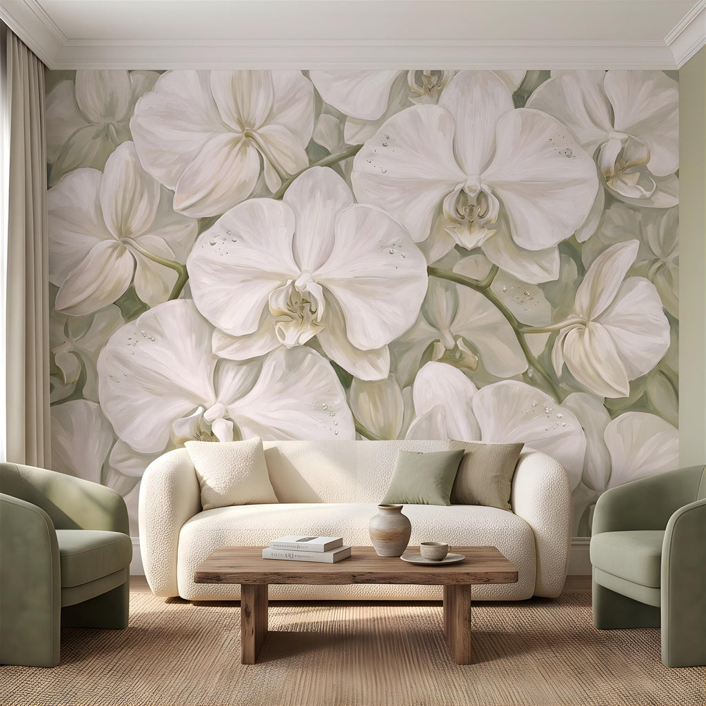 White Orchid Peel and Stick Wall Mural, Oversized Phalaenopsis Blooms, Elegant Botanical Floral, Soft Sage Wallpaper