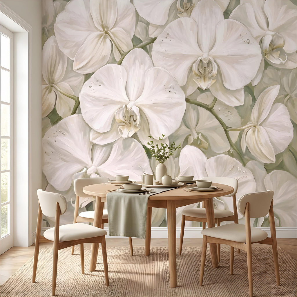 White Orchid Peel and Stick Wall Mural, Oversized Phalaenopsis Blooms, Elegant Botanical Floral, Soft Sage Wallpaper