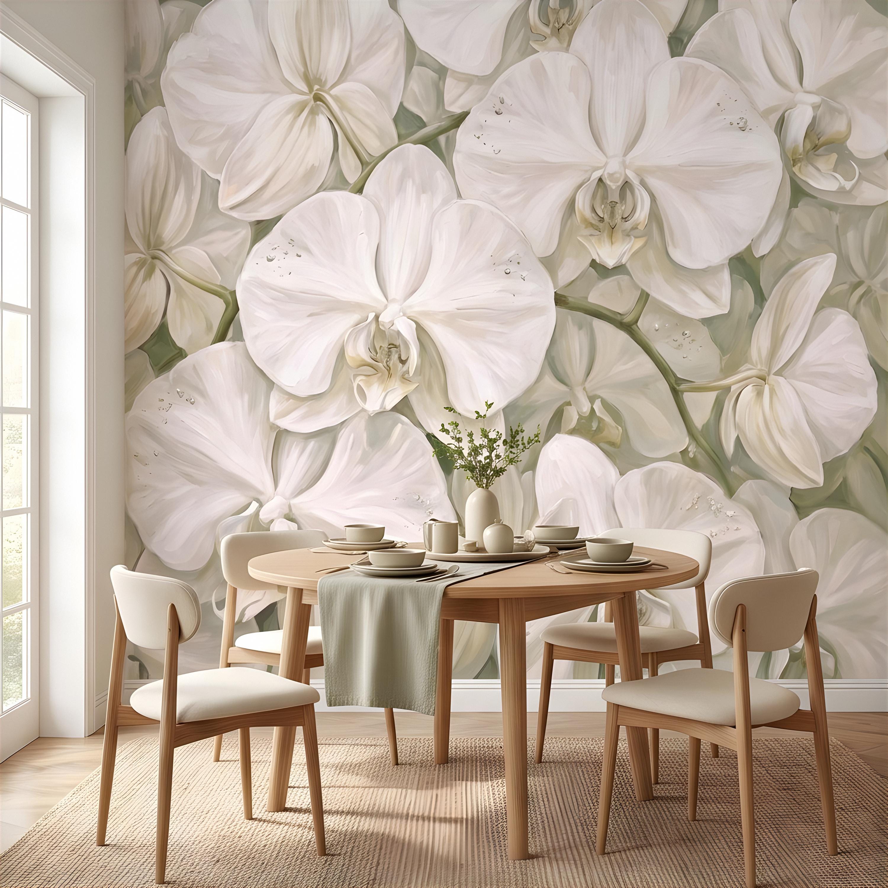 White Orchid Peel and Stick Wall Mural, Oversized Phalaenopsis Blooms, Elegant Botanical Floral, Soft Sage Wallpaper