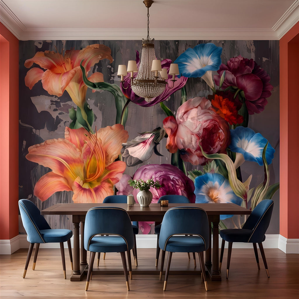 Eclectic Floral Peel and Stick Wall Mural, Daylily Peony Tulip Bouquet, Moody Botanical Arrangement Painterly Wallpaper