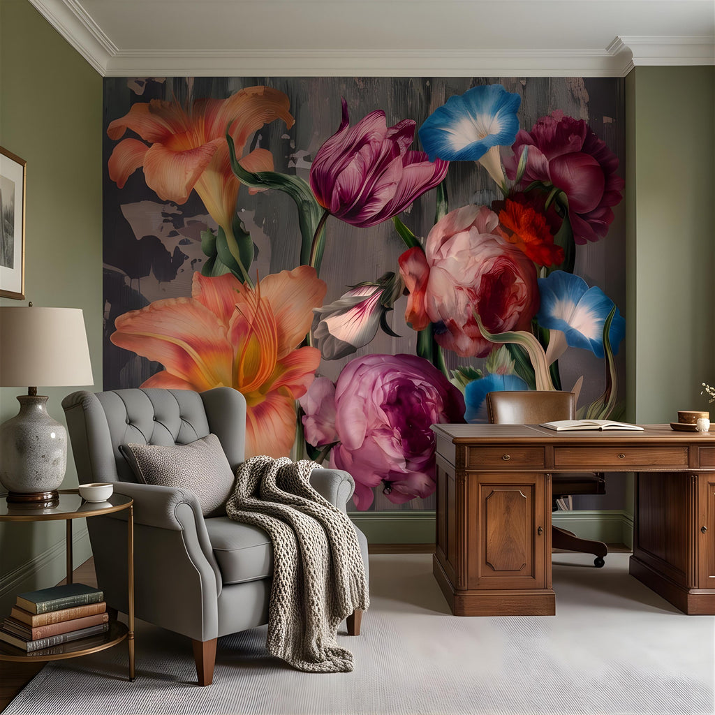 Eclectic Floral Peel and Stick Wall Mural, Daylily Peony Tulip Bouquet, Moody Botanical Arrangement Painterly Wallpaper