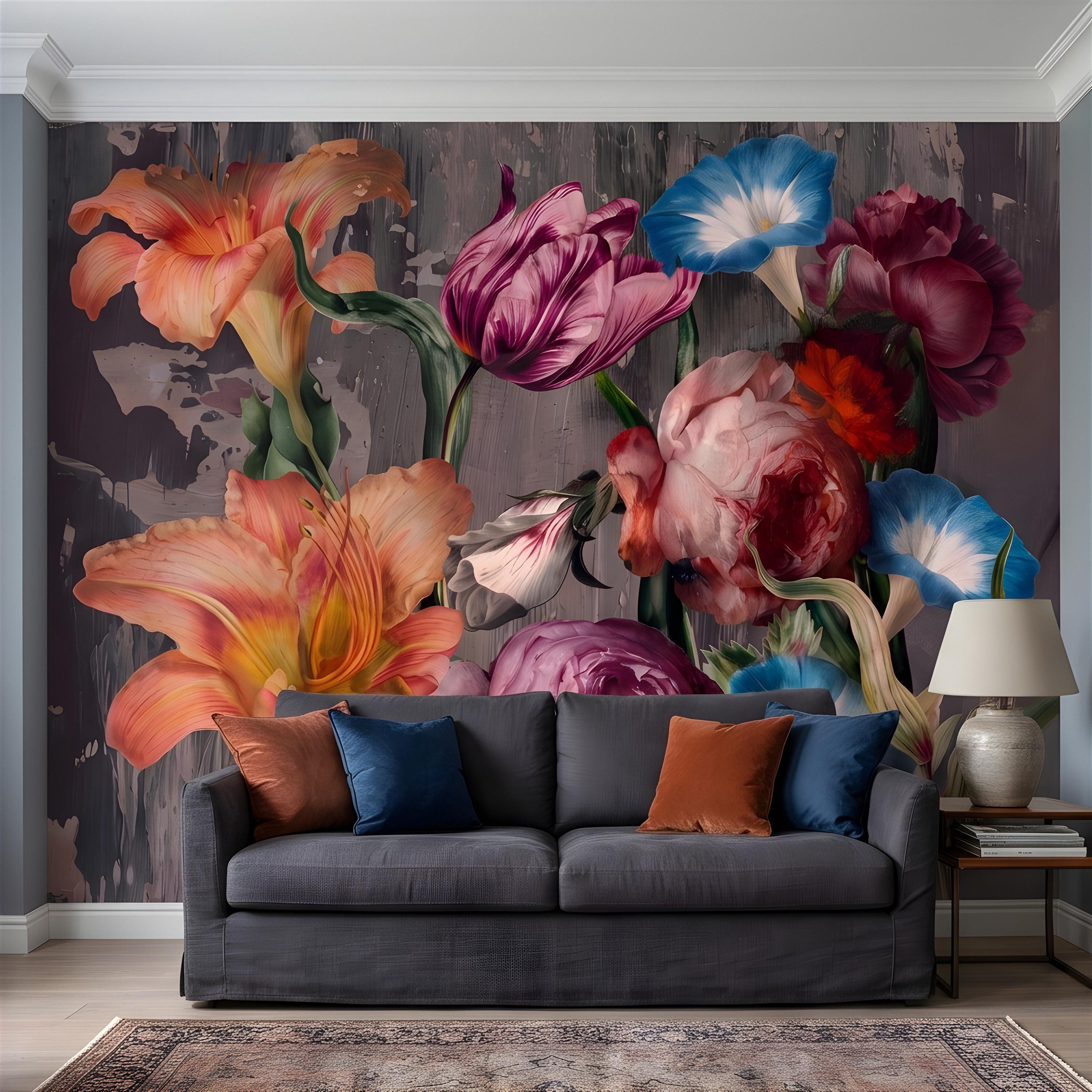 Eclectic Floral Peel and Stick Wall Mural, Daylily Peony Tulip Bouquet, Moody Botanical Arrangement Painterly Wallpaper
